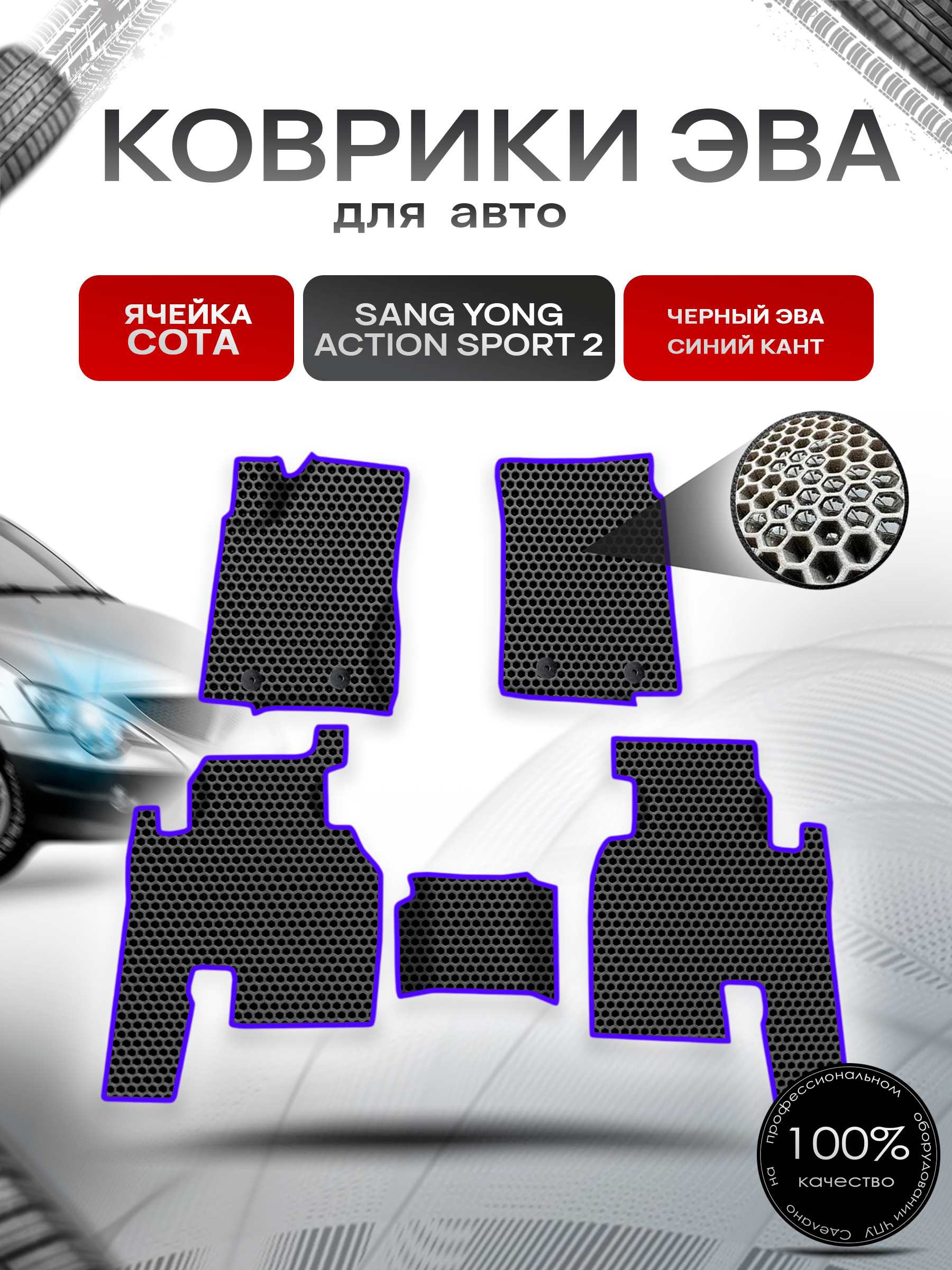 Коврики ЭВА СОТА для авто Ssang yong actyon sport 2 / Санг Йонг Актион Спорт 2 Г.В. Чёрный с Синим кантом. Ричмарк — фото 1