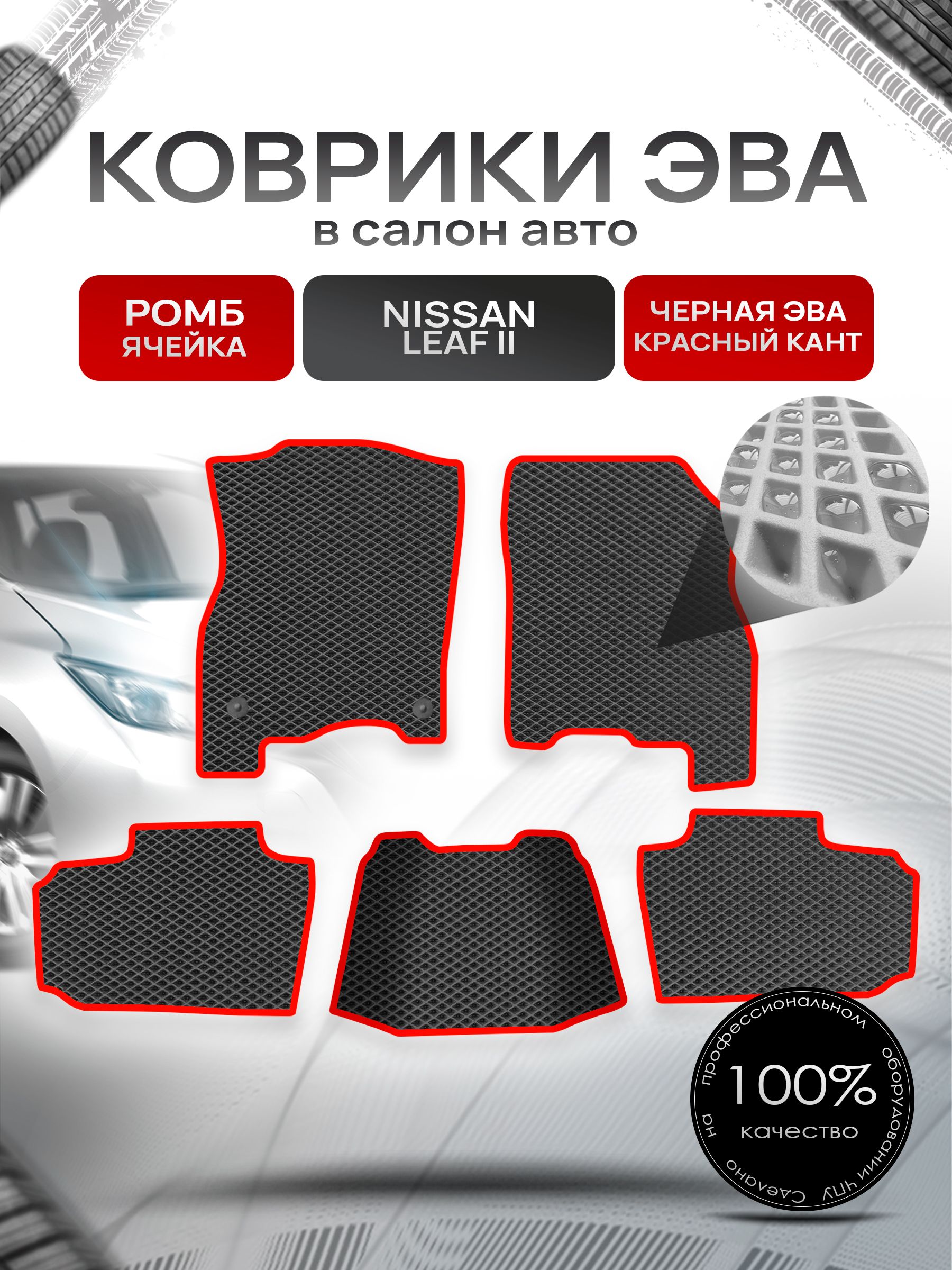 Коврики ЭВА РОМБ для авто Ниссан Лиф 2 / Nissan Leaf 2 (ZE1) 2017+ Чёрный С Красным Кантом. Ричмарк — фото 1
