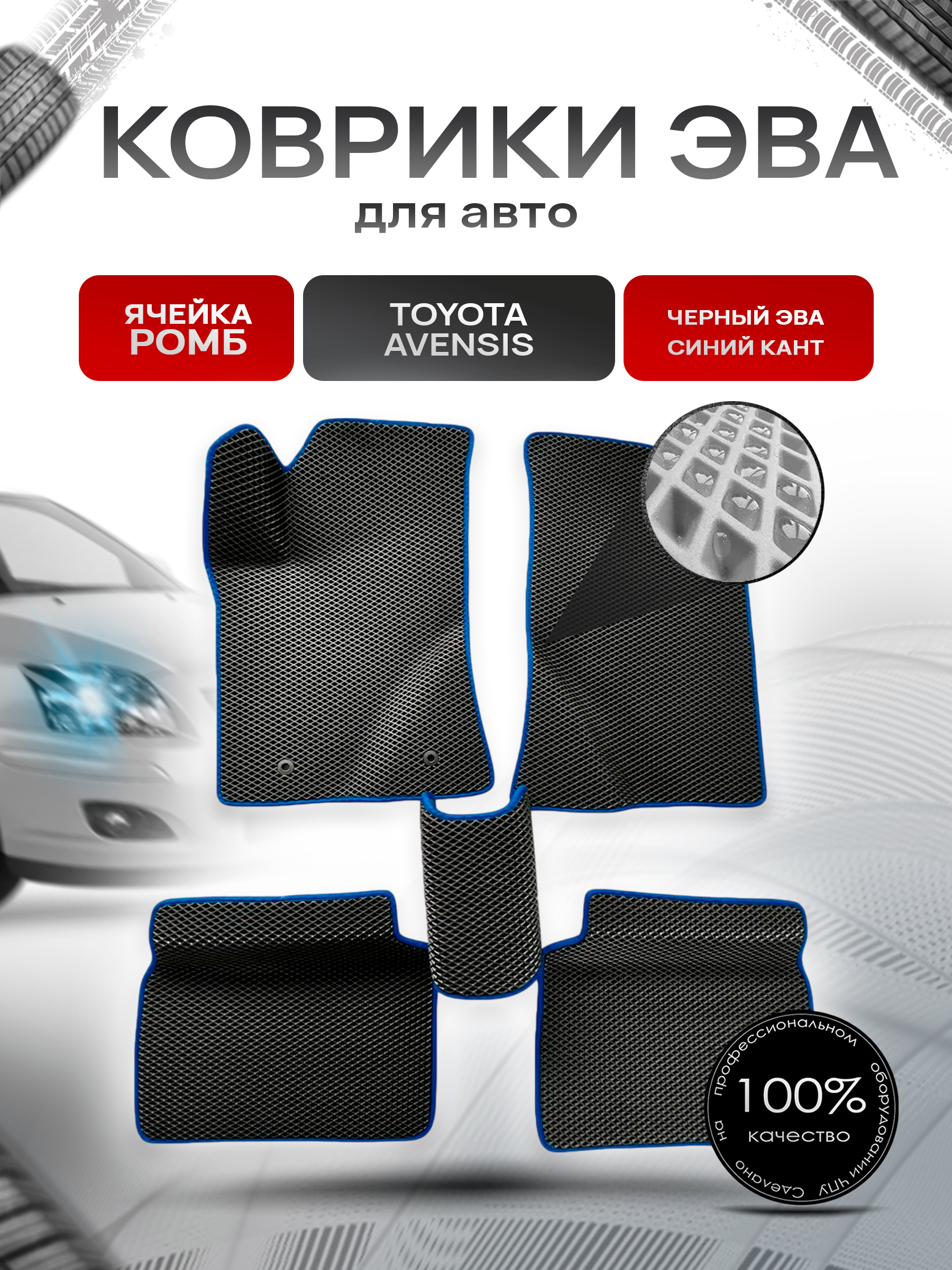 Коврики ЭВА для авто Toyota Avensis / Тойота Авенсис Леворульный 2003-2009 Г.В. Чёрный С Синим Кантом. Ричмарк — фото 1