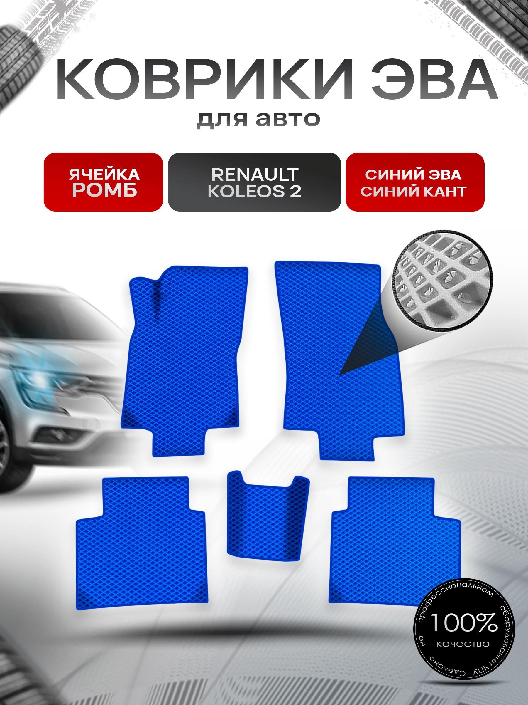Коврики ЭВА Ромб для авто Рено Ренаулт Колеос / Renault Koleos 2 2016-2022 Г.В. Синий с Синим кантом. Ричмарк — фото 1