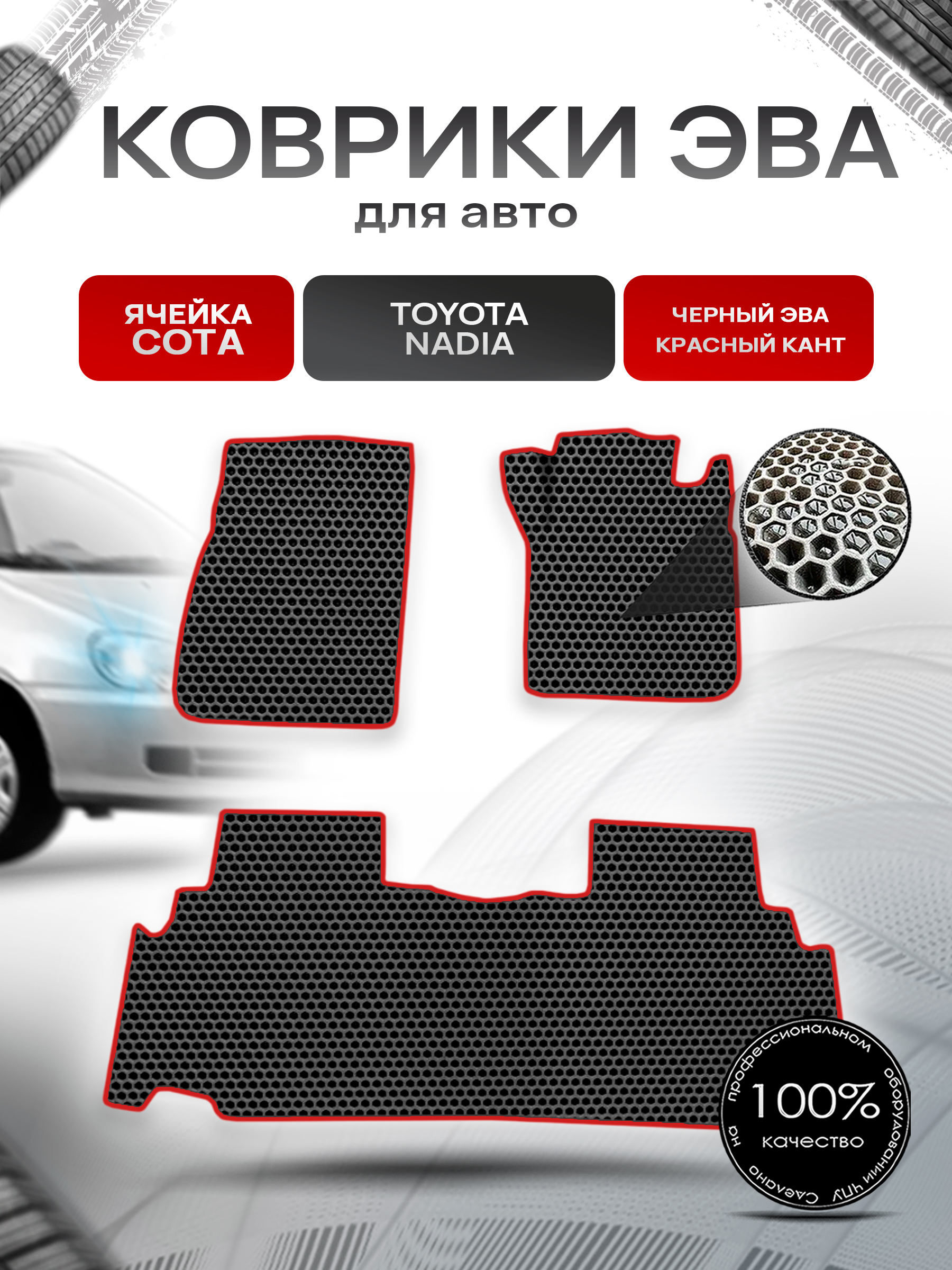 Коврики ЭВА СОТА для авто Toyota Nadia Правый руль / Тойота Nadia Правый руль 1998-2003 Г.В. Чёрный с Красным кантом. Ричмарк — фото 1