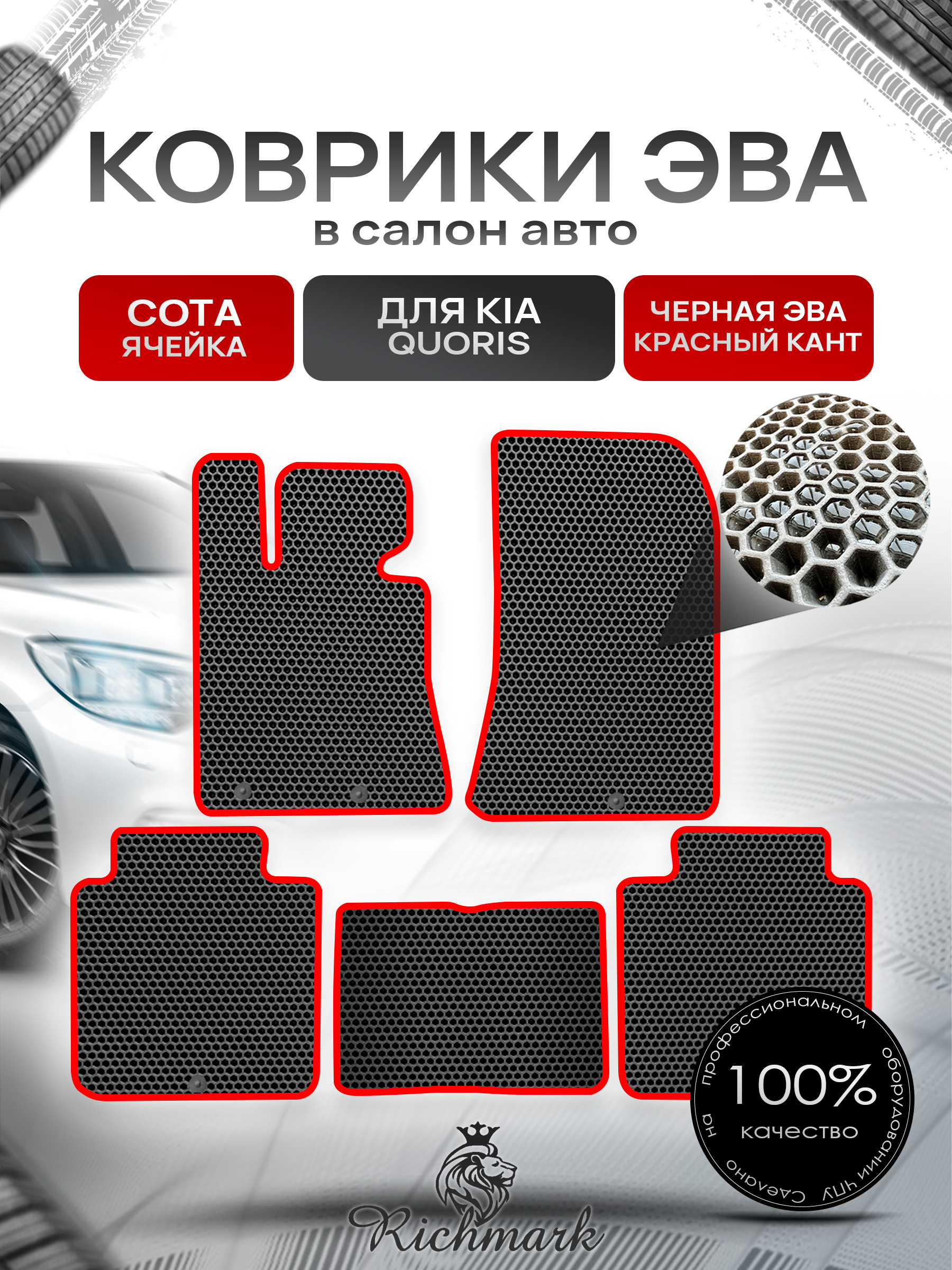 Коврики ЭВА СОТА для автомобиля Kia Quoris 2012-2018 / Киа Кворис Чёрный С Красным Кантом. Ричмарк — фото 1