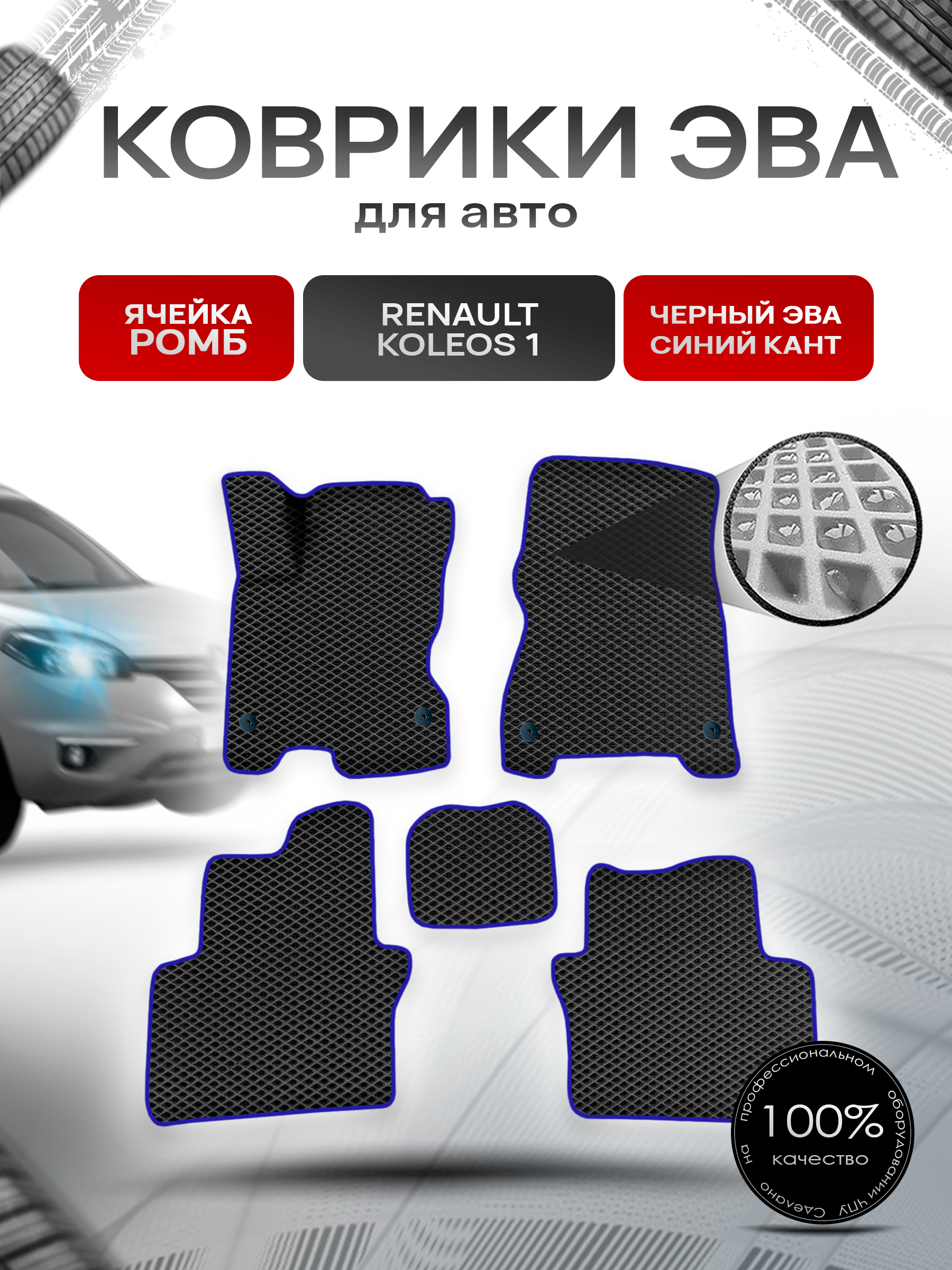 Коврики ЭВА Ромб для авто Рено Ренаулт Колеос / Renault Koleos 1 2008-2016 Г.В. Чёрный с Синим кантом. Ричмарк — фото 1