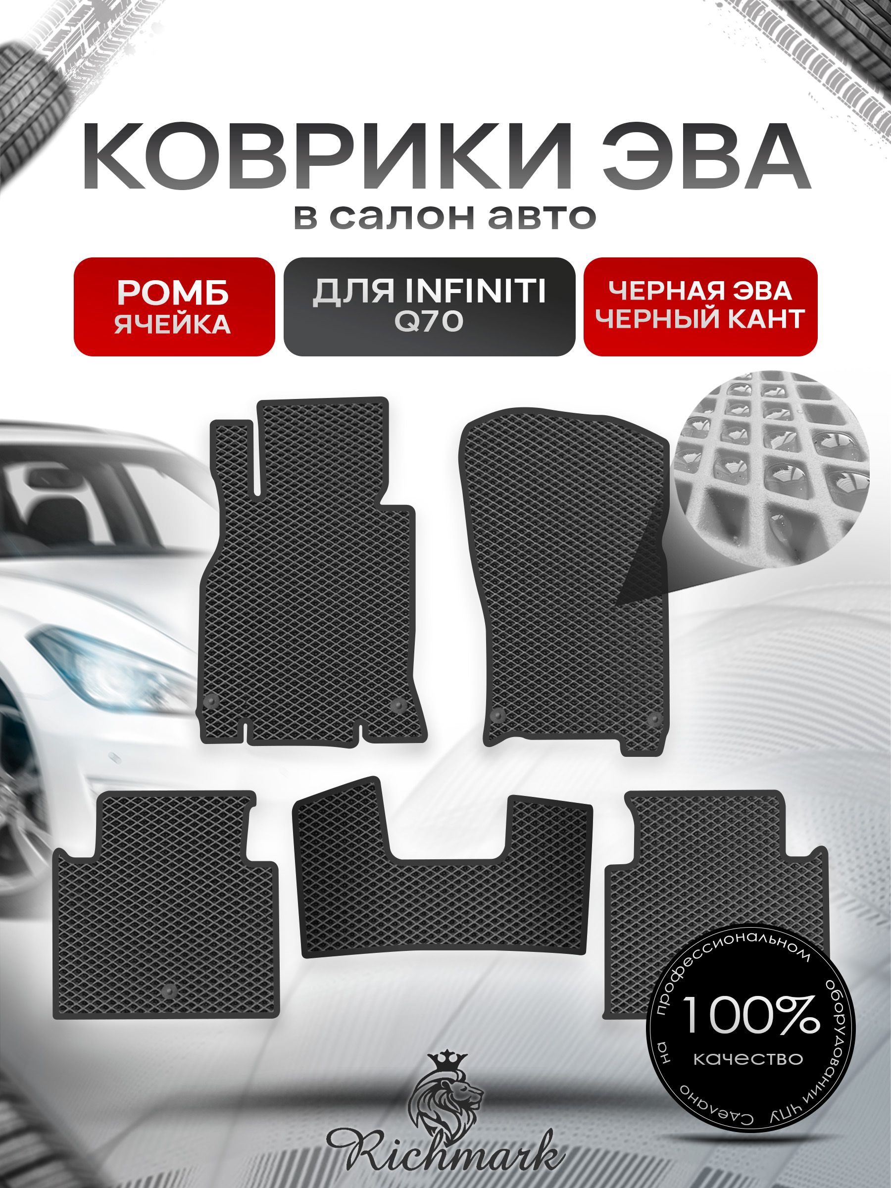 Коврики ЭВА РОМБ для автомобиля Infiniti Q70 2013-2019 / Инфинити Чёрный С Чёрным Кантом. Ричмарк — фото 1