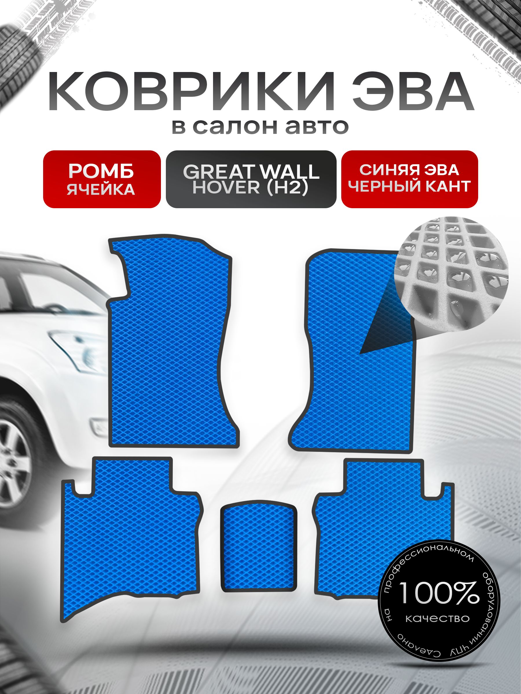 Коврики ЭВА РОМБ для авто Грейт Волл Ховер (5 мест) / Great Wall Hover (H2) 2005-2010 (5 мест) Синий С Чёрным Кантом. Ричмарк — фото 1