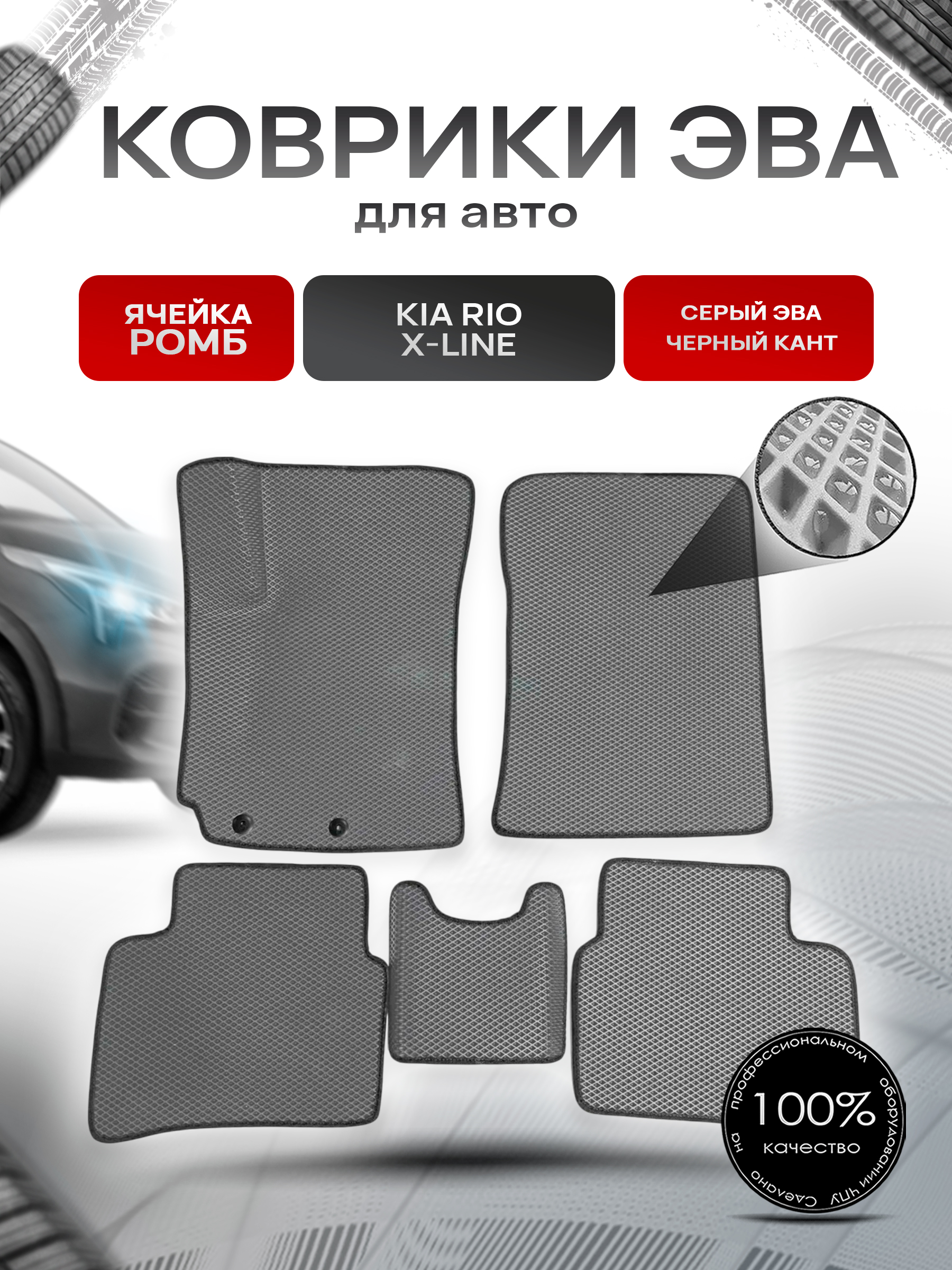 Коврики ЭВА для авто Kia Rio / Киа Рио X-Line 2017-2021 Г.В. Серый С Чёрным Кантом. Ричмарк — фото 1
