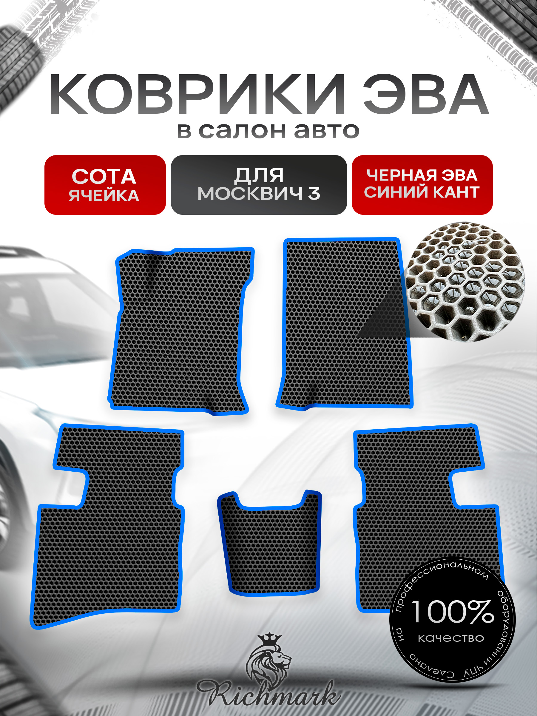 Коврики ЭВА СОТА для авто Москвич 3 2022+ Чёрный с Синим кантом. Ричмарк — фото 1