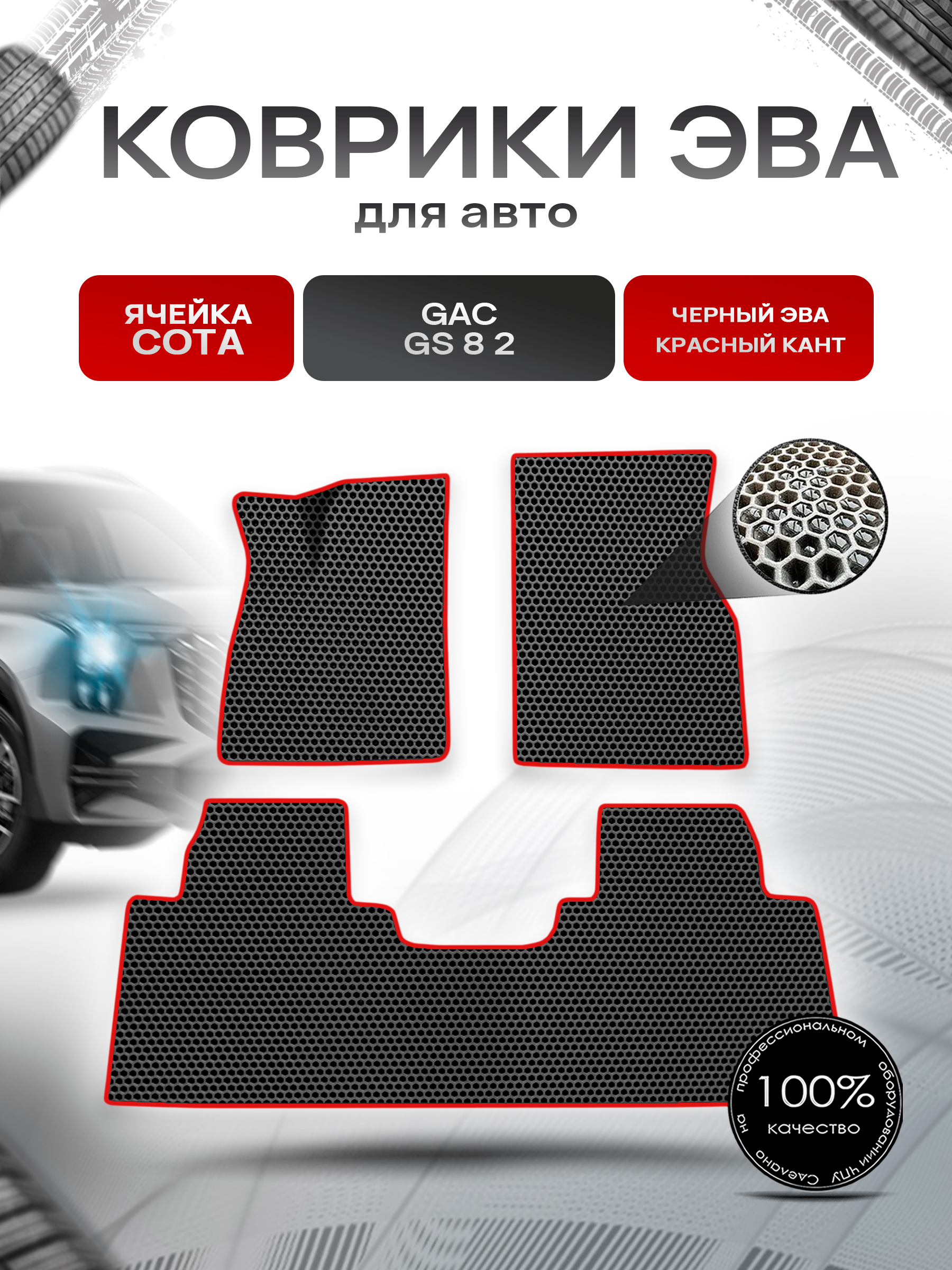 Коврики ЭВА СОТА для авто GAC GS8 / Жак ГС8 II 2023+ Чёрный с Красным кантом. Ричмарк — фото 1