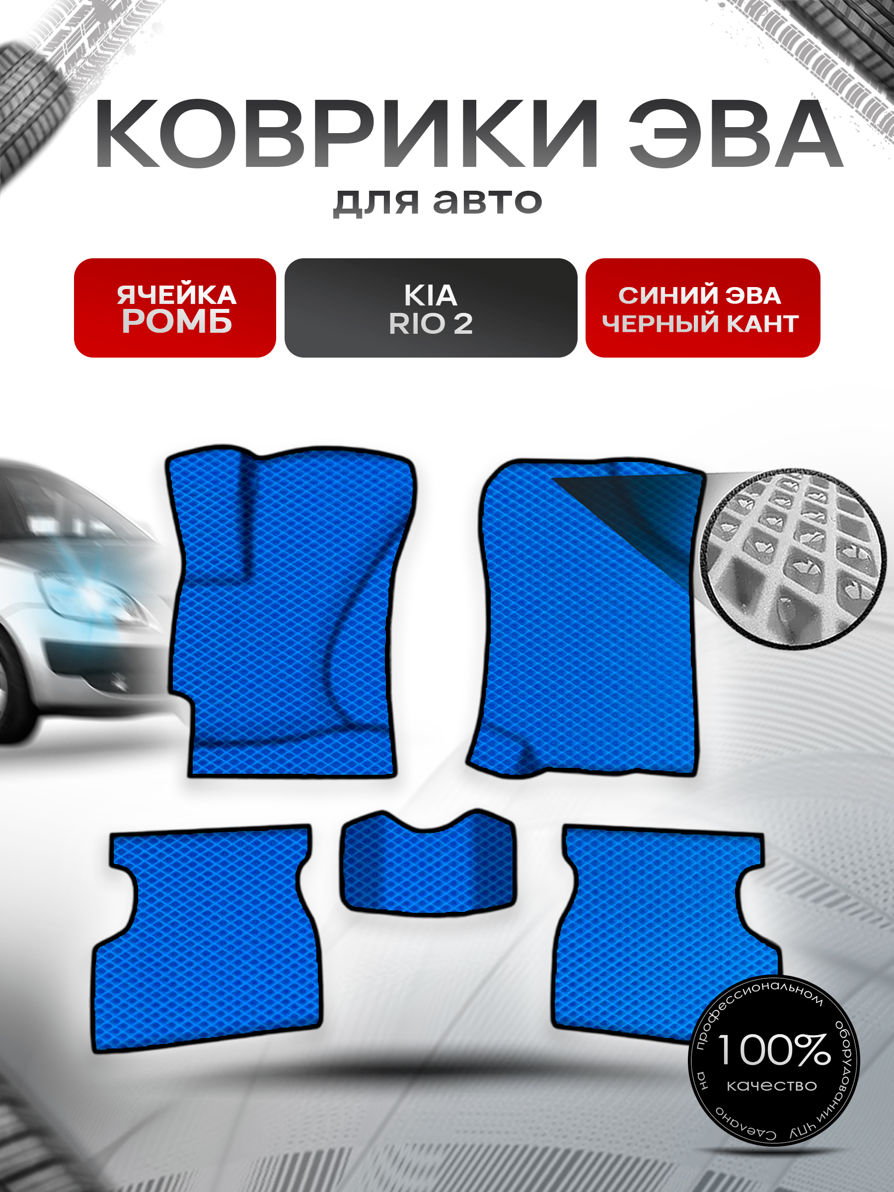 Коврики ЭВА Ромб для авто Киа Рио / Kia Rio 2 2005-2011 Г.В. Синий с Чёрным кантом. Ричмарк — фото 1
