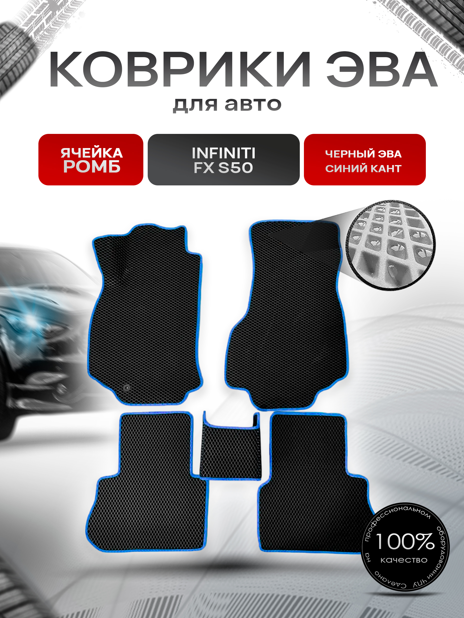 Коврики ЭВА для авто Infiniti FX / Инфинити ФХ S50 2003-2008 Г.В. Чёрный С Синим Кантом. Ричмарк — фото 1