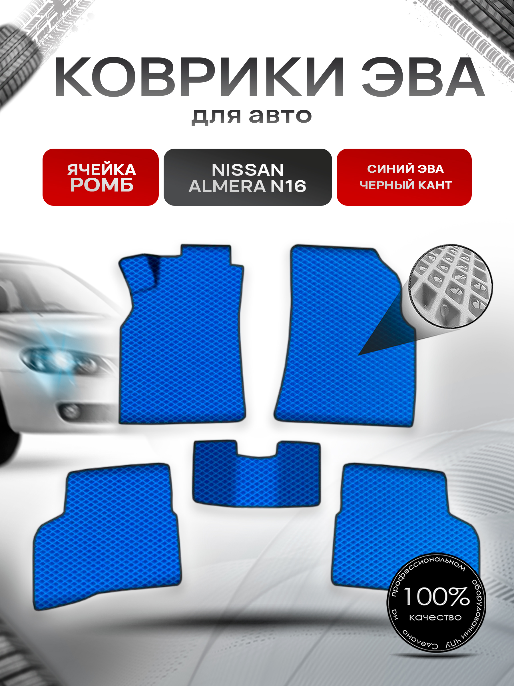 Коврики ЭВА Ромб для авто Ниссан Альмера / Nissan Almera N16 Левый Руль 2000-2006 Г.В. Синий с Чёрным кантом. Ричмарк — фото 1