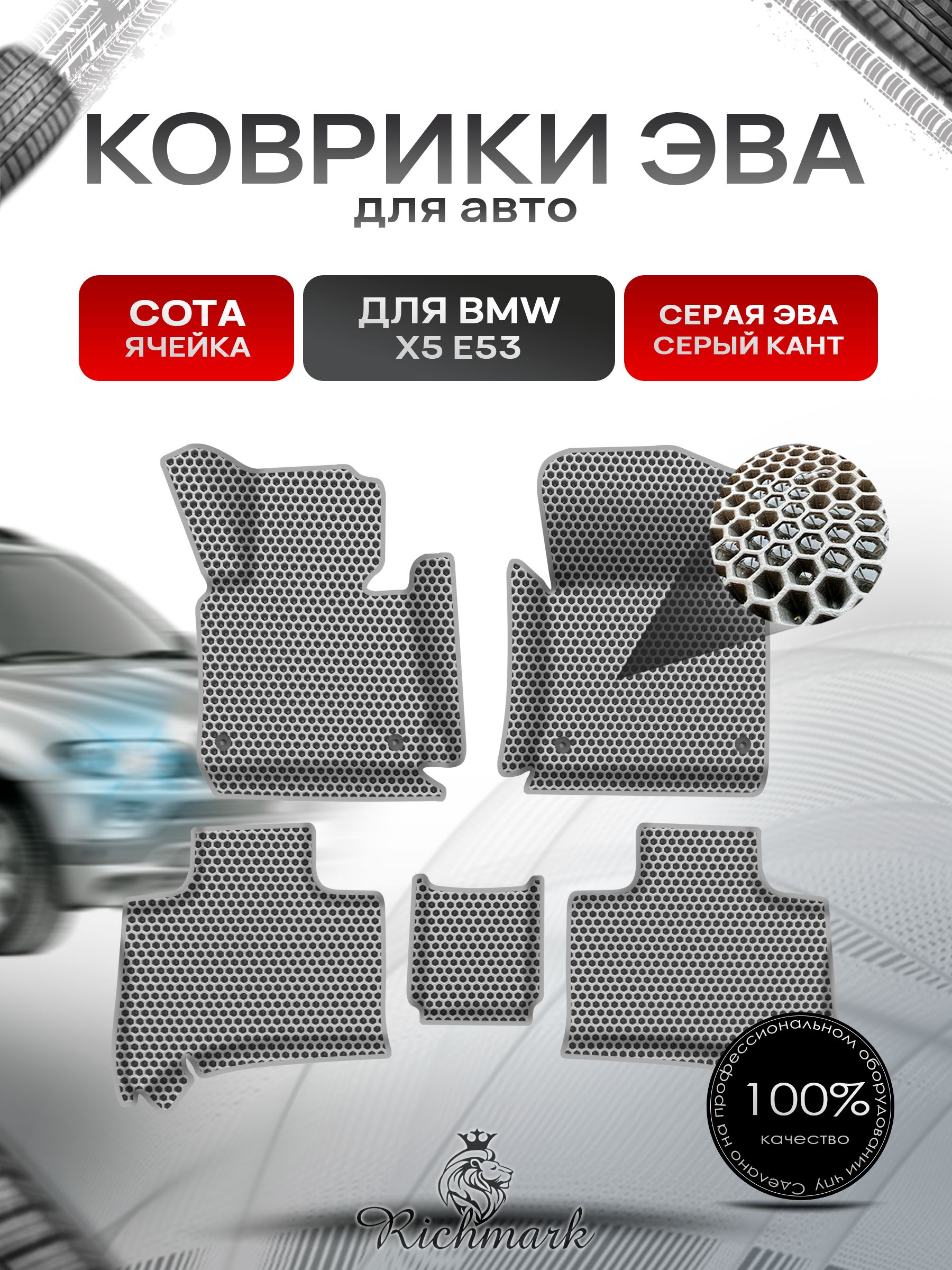 Коврики ЭВА СОТА для авто с бортами BMW X5 E53 1999-2006 / БМВ Е53 Серый с Серым кантом. Ричмарк — фото 1