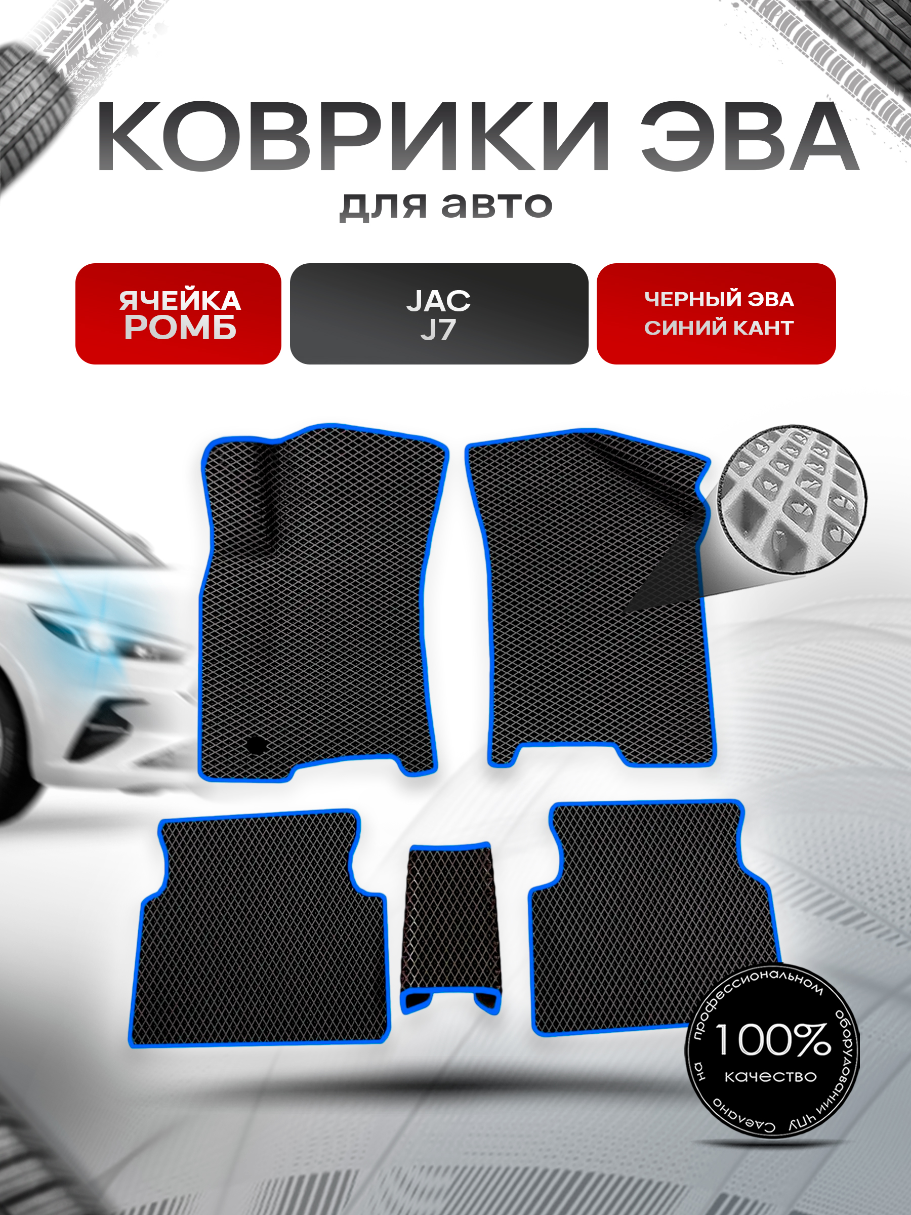 Коврики ЭВА Ромб для авто JAC / Жак J7 2019-2022 Г.В. Чёрный с Синим кантом. Ричмарк — фото 1