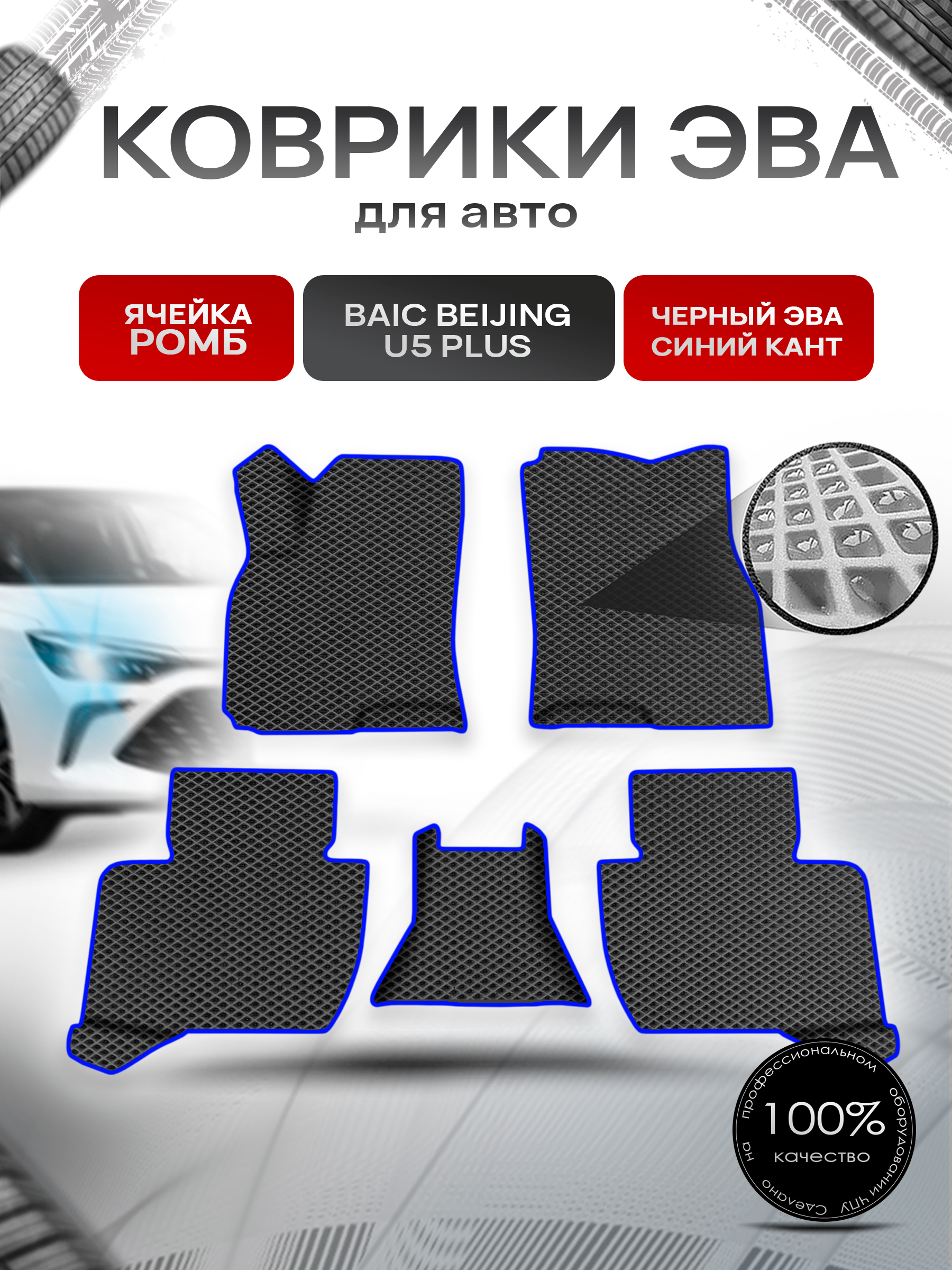 Коврики ЭВА Ромб для авто Baic Beijing U5 Plus / Бейджин У5 плюс 2020+ Чёрный с Синим кантом. Ричмарк — фото 1