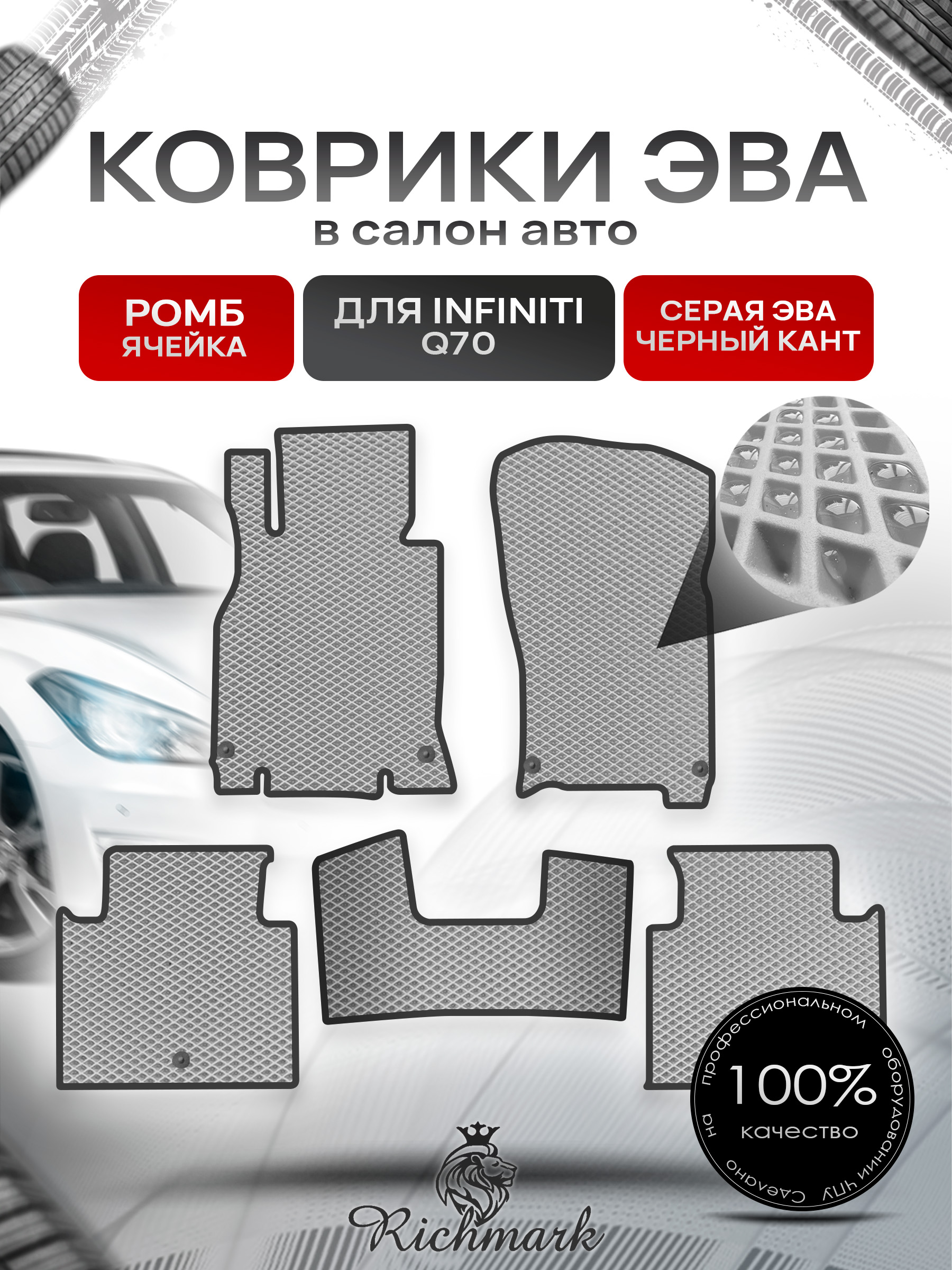 Коврики ЭВА РОМБ для автомобиля Infiniti Q70 2013-2019 / Инфинити Серый С Чёрным Кантом. Ричмарк — фото 1