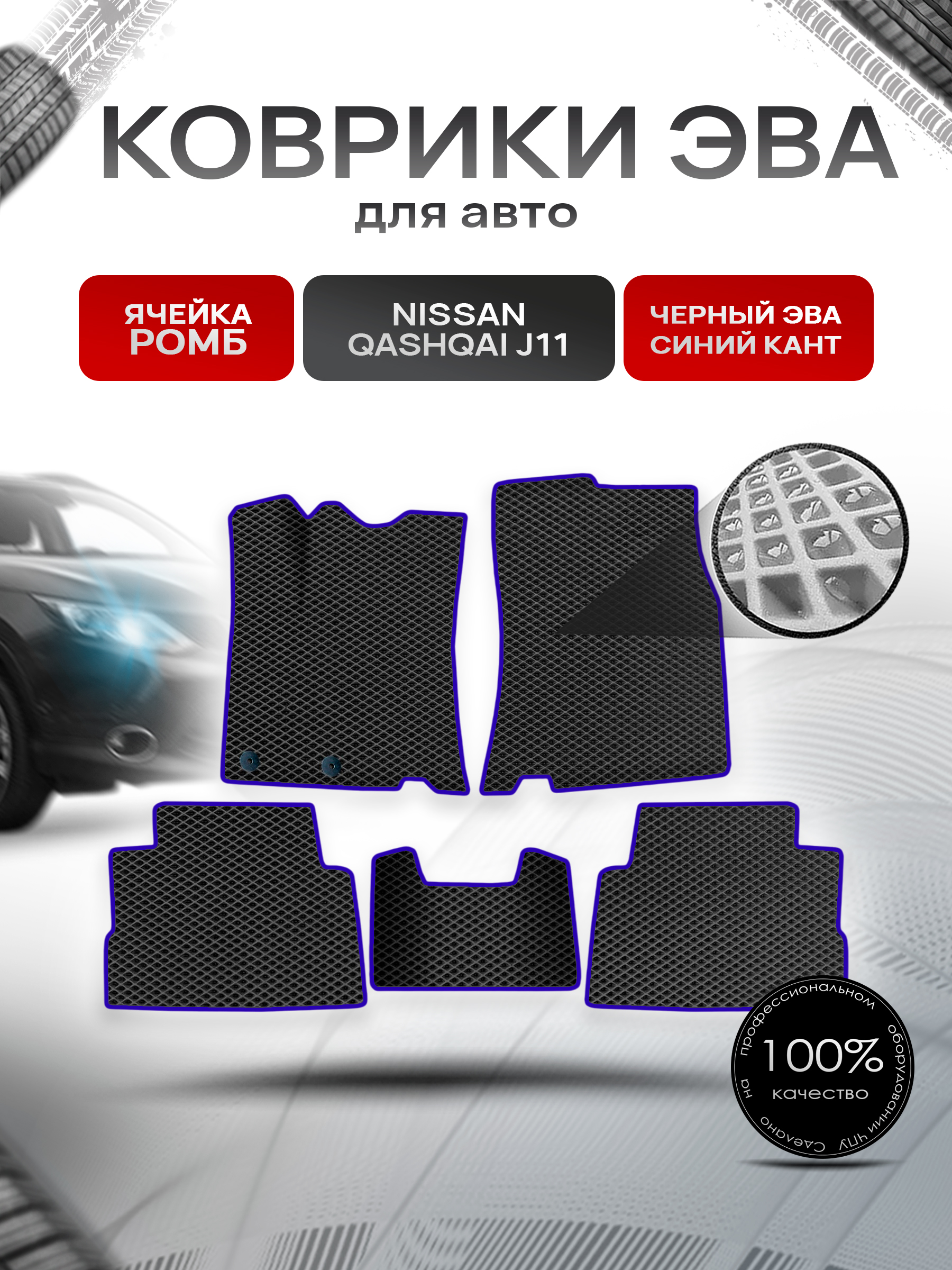 Коврики ЭВА Ромб для авто Nissan Qashqai / Ниссан Кашкай (Английская сборка) J11 2013-2021 Г.В. Чёрный с Синим кантом. Ричмарк — фото 1