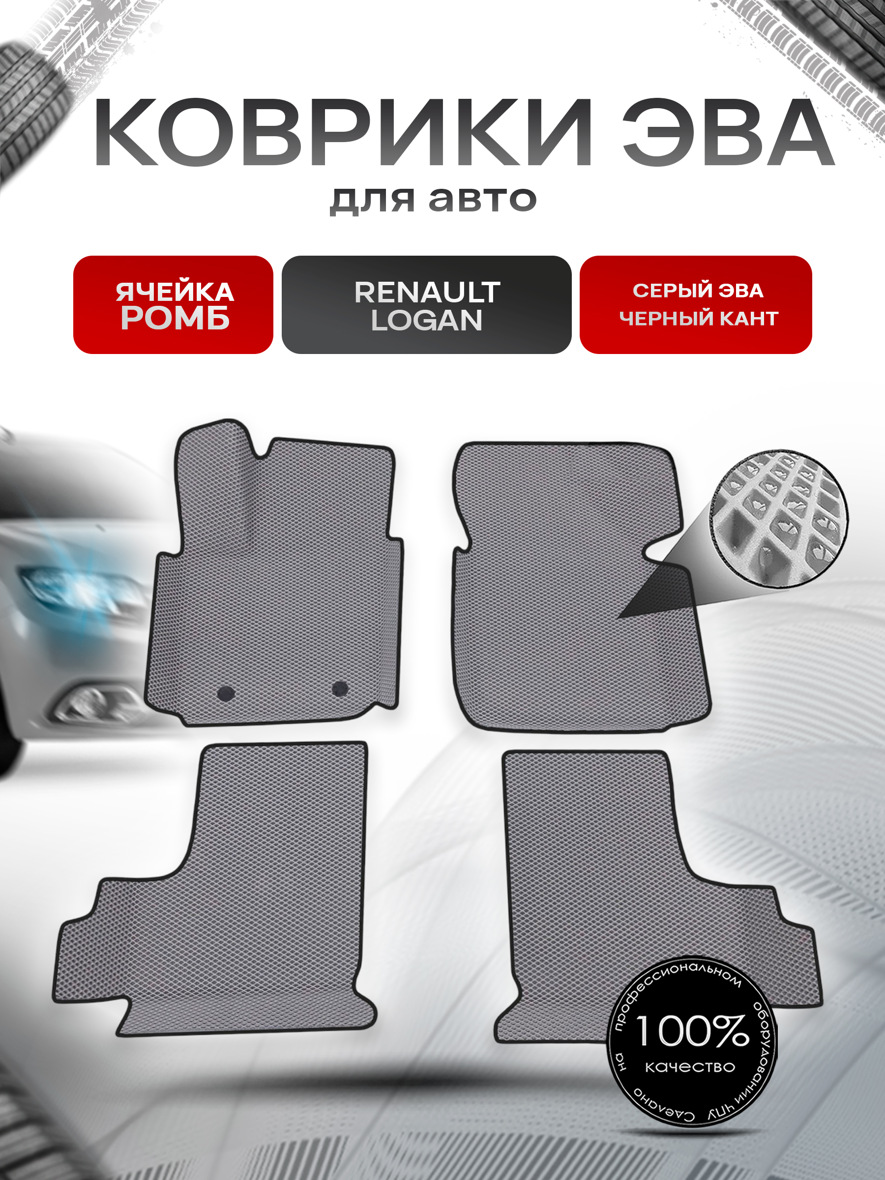 Коврики С БОРТАМИ ЭВА Ромб для авто Renault Logan / Рено Логан 2014-2022 Г.В. Серый с Чёрным кантом. Ричмарк — фото 1