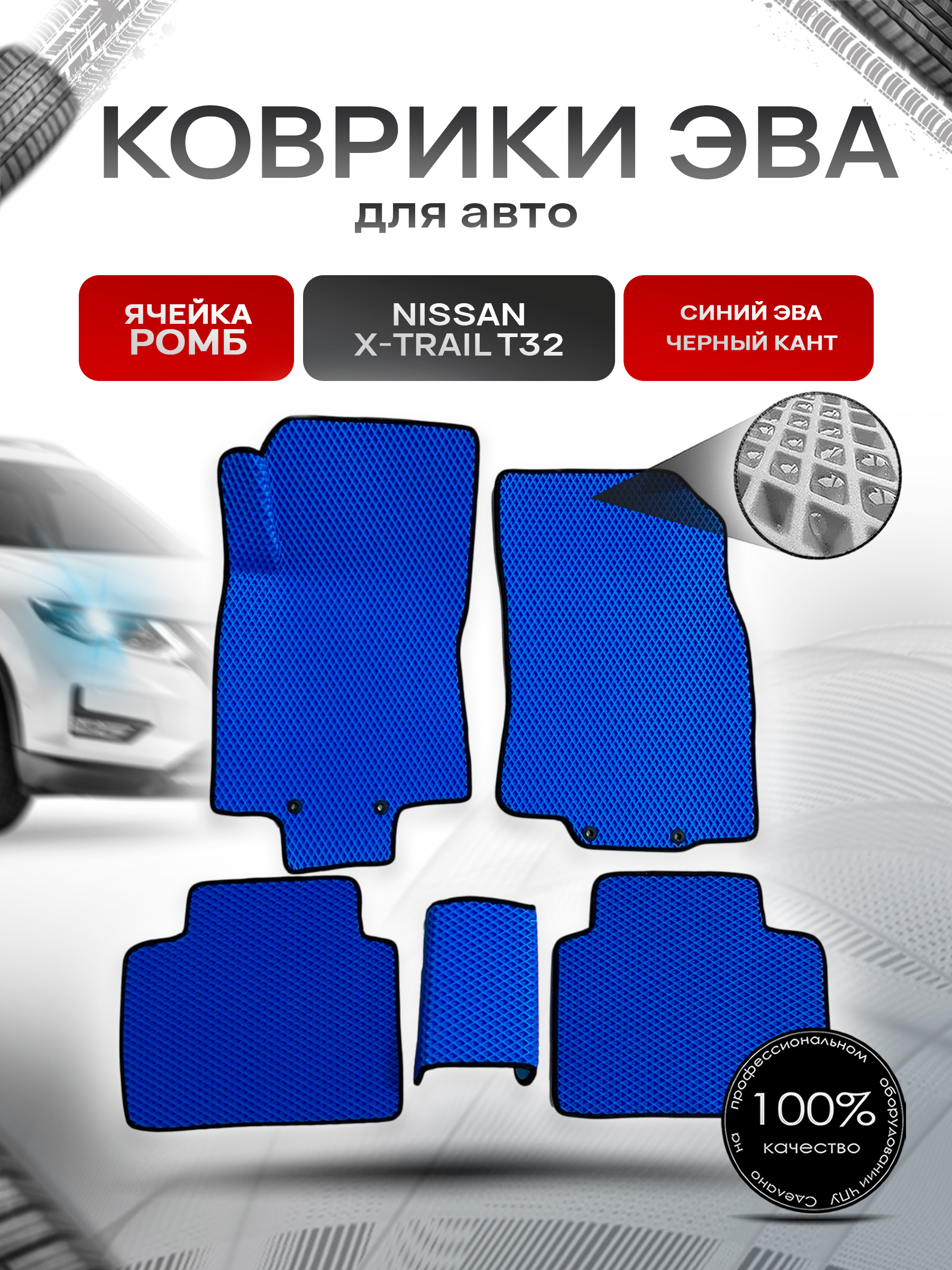 Коврики ЭВА для авто Nissan X-Trail / Ниссан Икс Трейл (T32) Левый Руль 2013-2021 Г.В. Синий С Чёрным Кантом. Ричмарк — фото 1