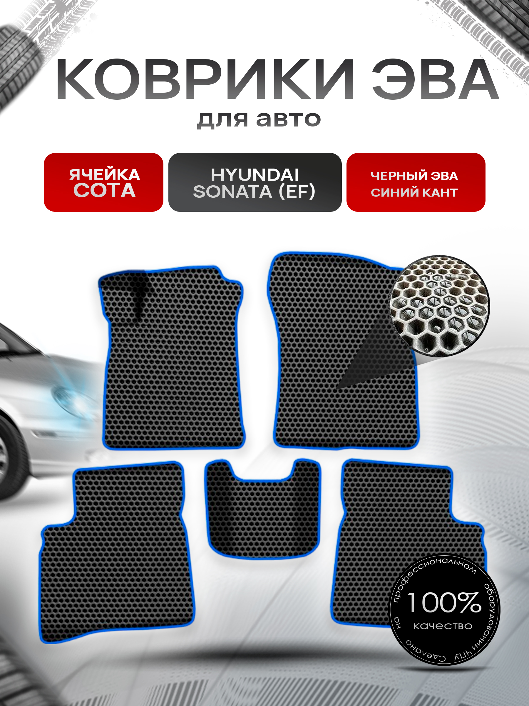 Коврики ЭВА СОТА для авто Хюндай Соната Классик / Hyundai Sonata (EF) Classic 2001-2012 Г.В. Чёрный с Синим кантом. Ричмарк — фото 1