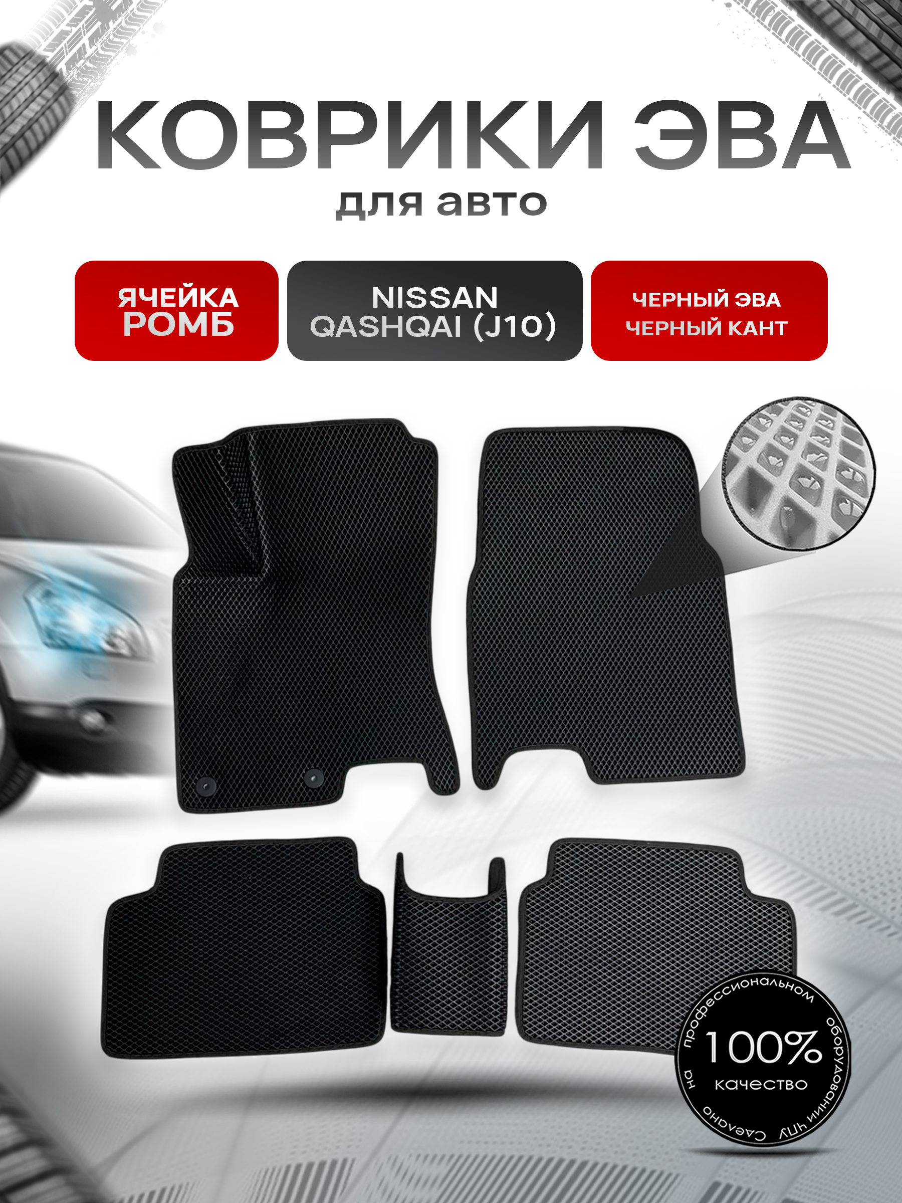 Коврики ЭВА для авто Nissan Qashqai / Ниссан Кашкай (J10) 2006-2013 Г.В. Чёрный С Чёрным Кантом. Ричмарк — фото 1