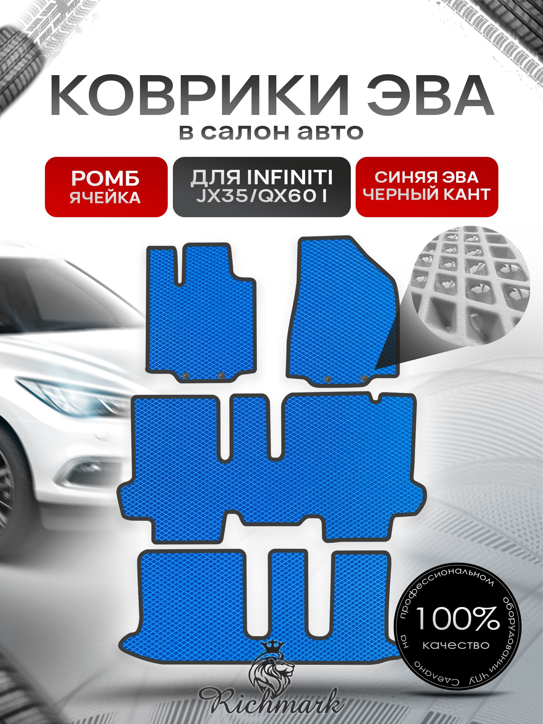 Коврики ЭВА РОМБ для автомобиля Infiniti JX35-QX60 I (7 мест) 2012-2016 / Инфинити Синий С Чёрным Кантом. Ричмарк — фото 1