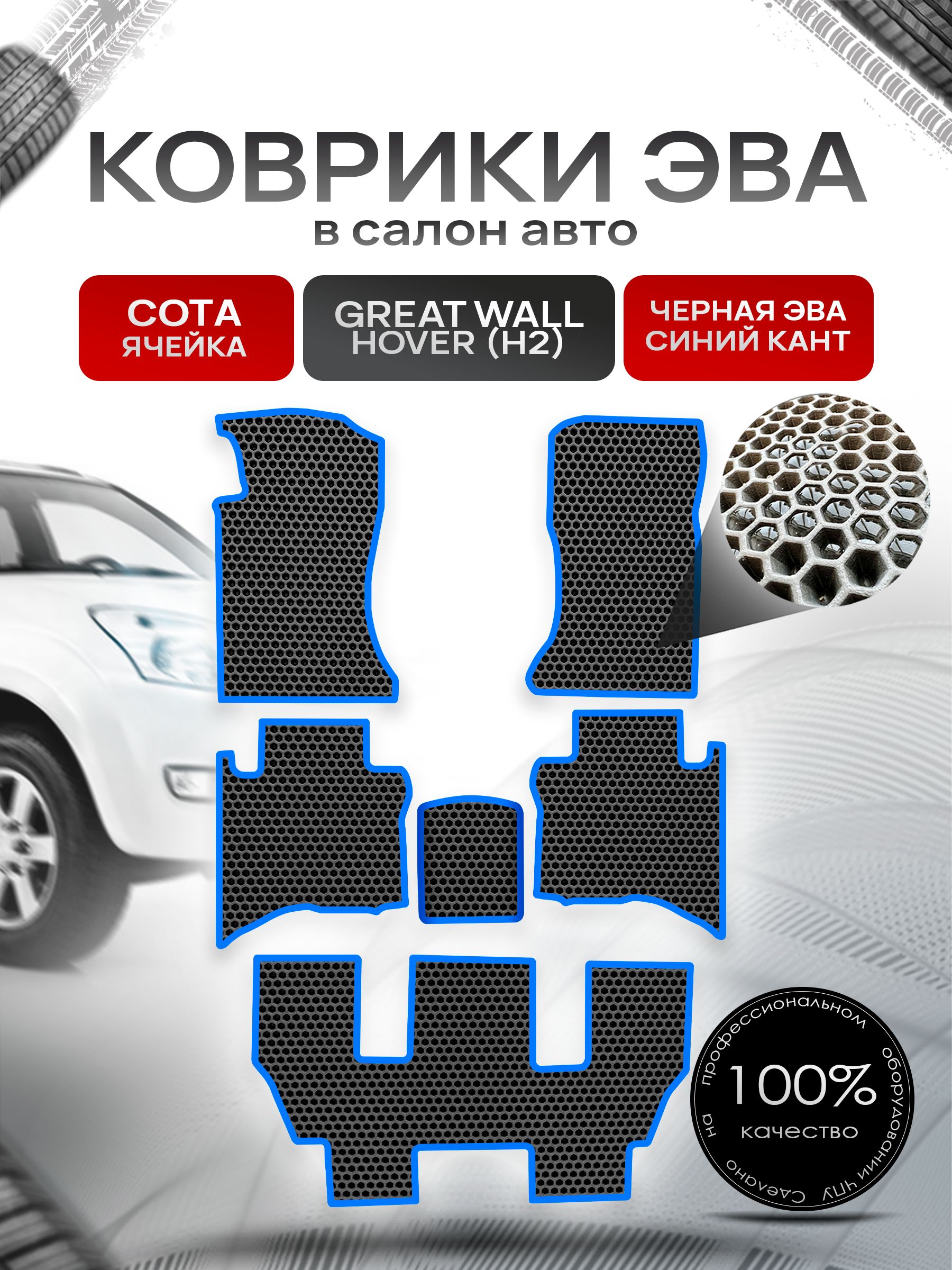 Коврики ЭВА СОТА для авто Грейт Волл Ховер (7 мест) / Great Wall Hover (H2) 2005-2010 (7 мест) Чёрный С Синим Кантом. Ричмарк — фото 1