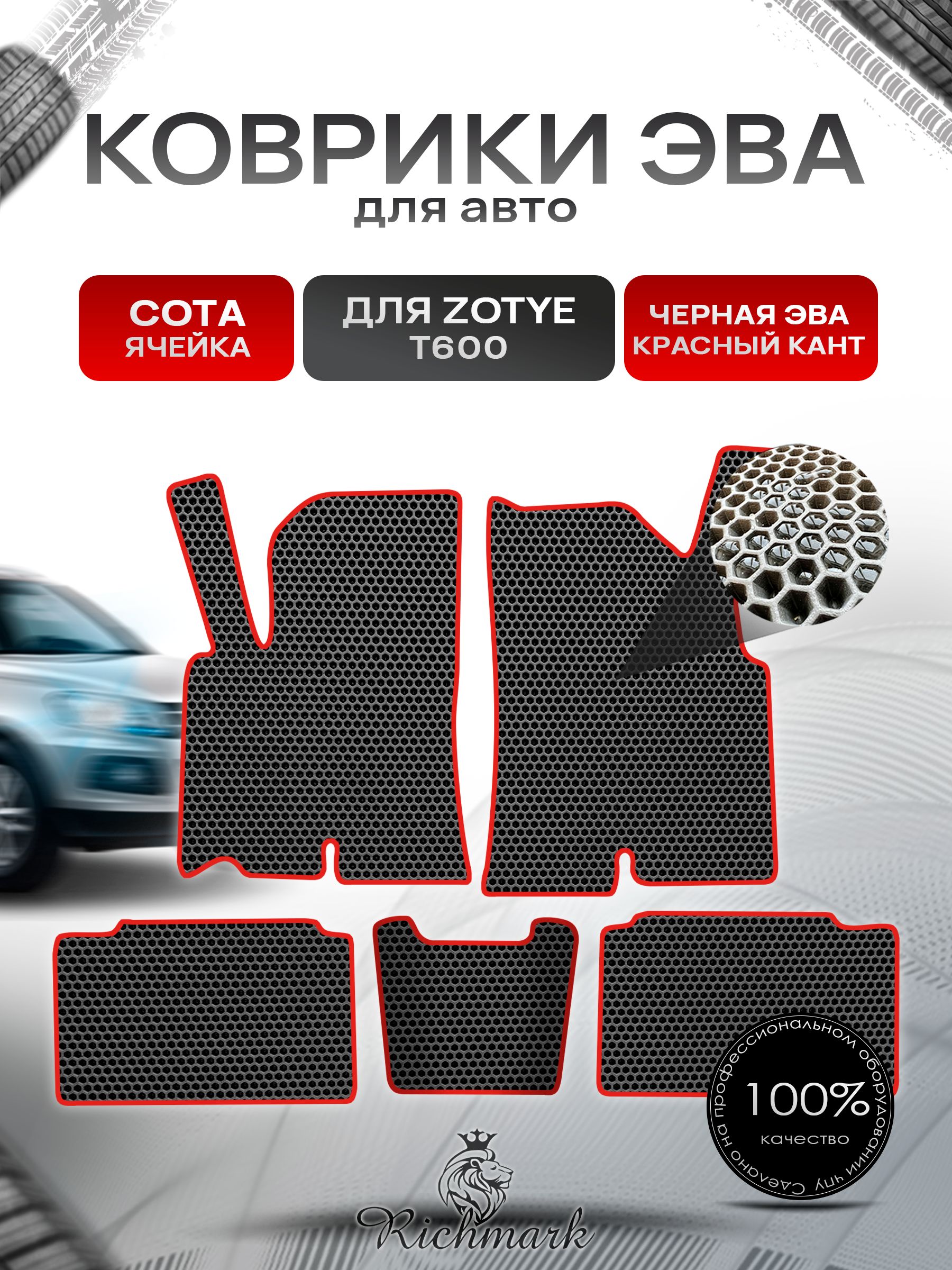Коврики ЭВА СОТА для автомобиля Zotye T600 2013-2022 / Зоти Т600 Чёрный С Красным Кантом. Ричмарк — фото 1