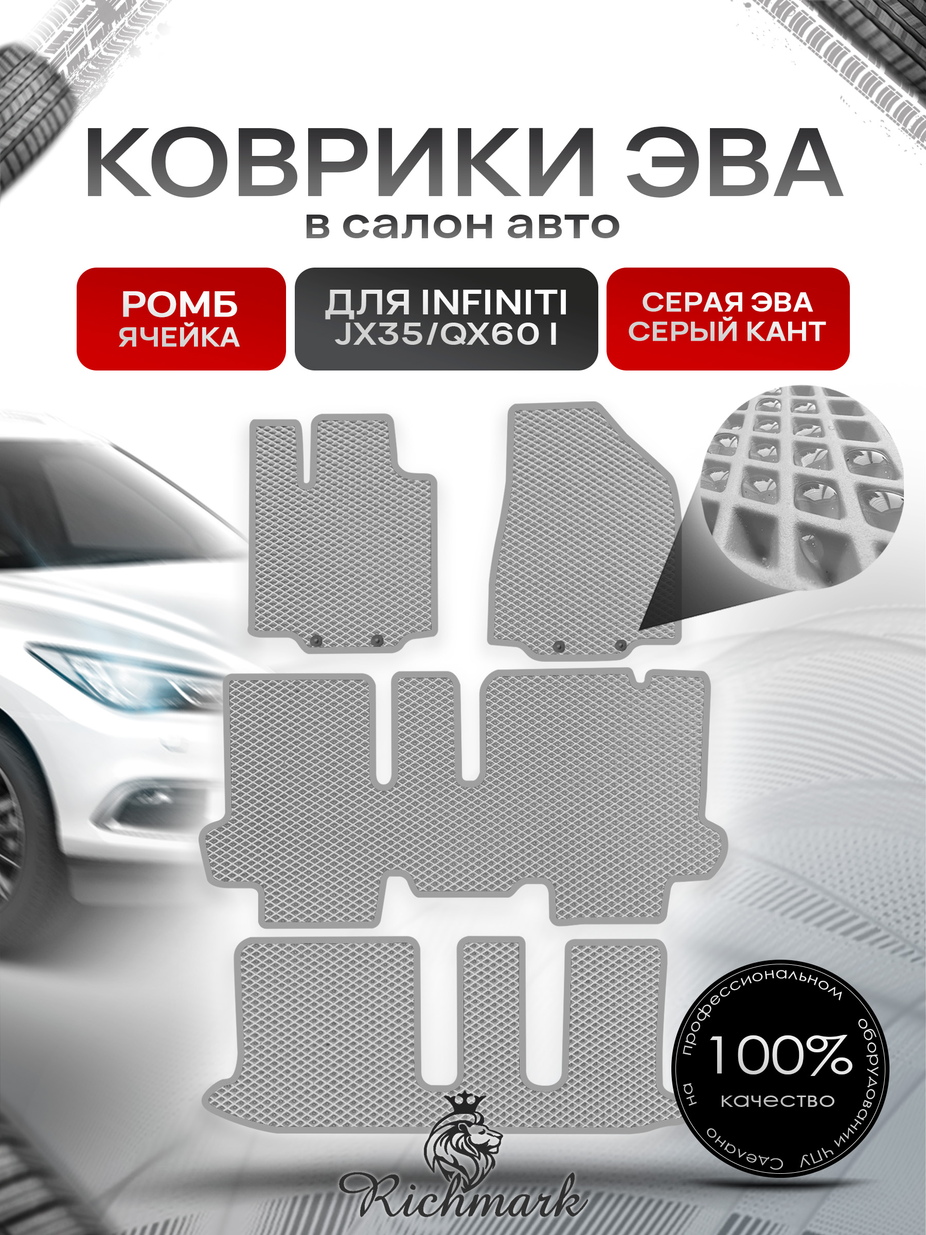 Коврики ЭВА РОМБ для автомобиля Infiniti JX35-QX60 I (7 мест) 2012-2016 / Инфинити Серый С Серым Кантом. Ричмарк — фото 1