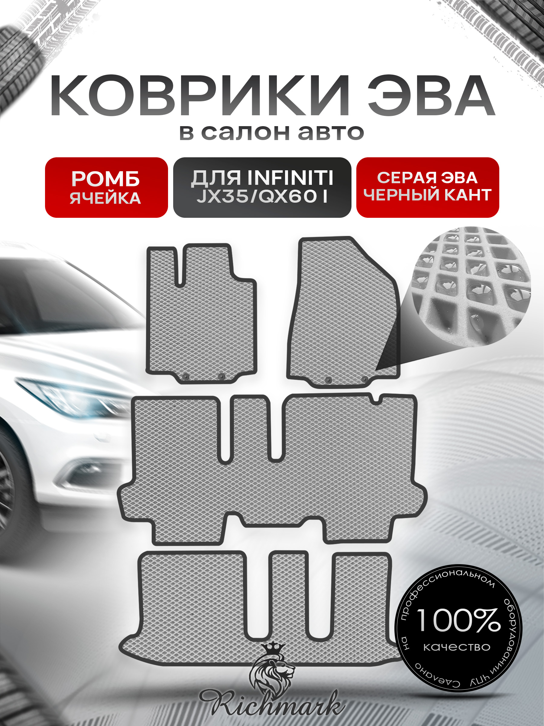 Коврики ЭВА РОМБ для автомобиля Infiniti JX35-QX60 I (7 мест) 2012-2016 / Инфинити Серый С Чёрным Кантом. Ричмарк — фото 1