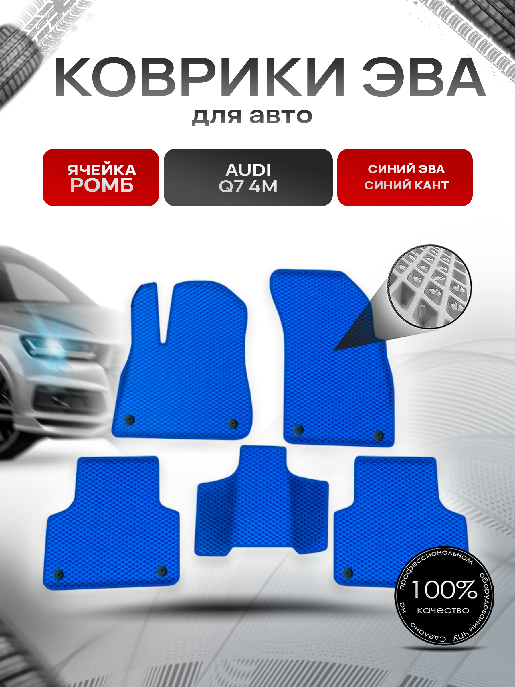 Коврики ЭВА Ромб для авто Audi / Ауди Q7 (4M) 2015-2022 Г.В. Синий с Синим кантом. Ричмарк — фото 1
