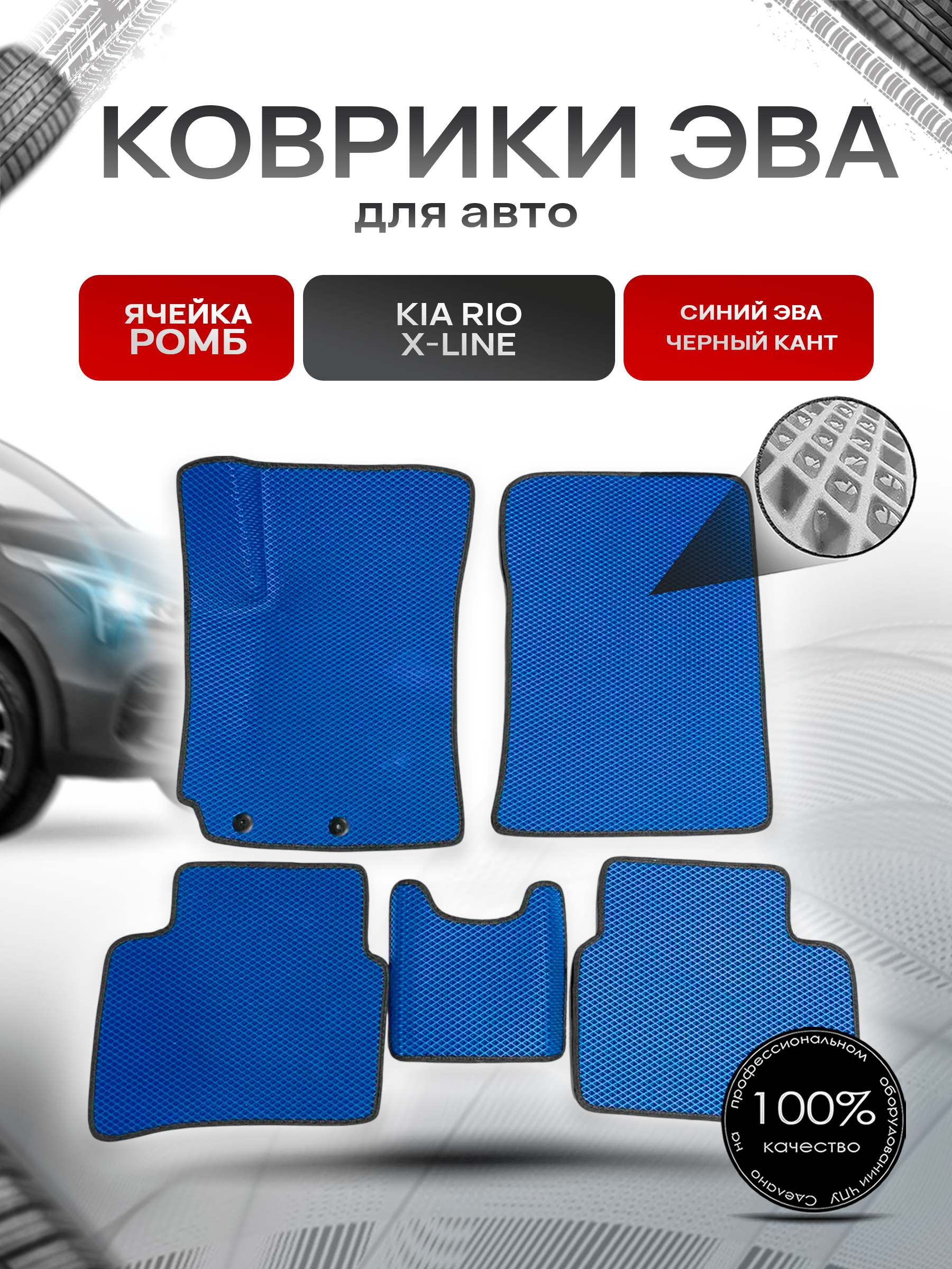 Коврики ЭВА для авто Kia Rio / Киа Рио X-Line 2017-2021 Г.В. Синий С Чёрным Кантом. Ричмарк — фото 1