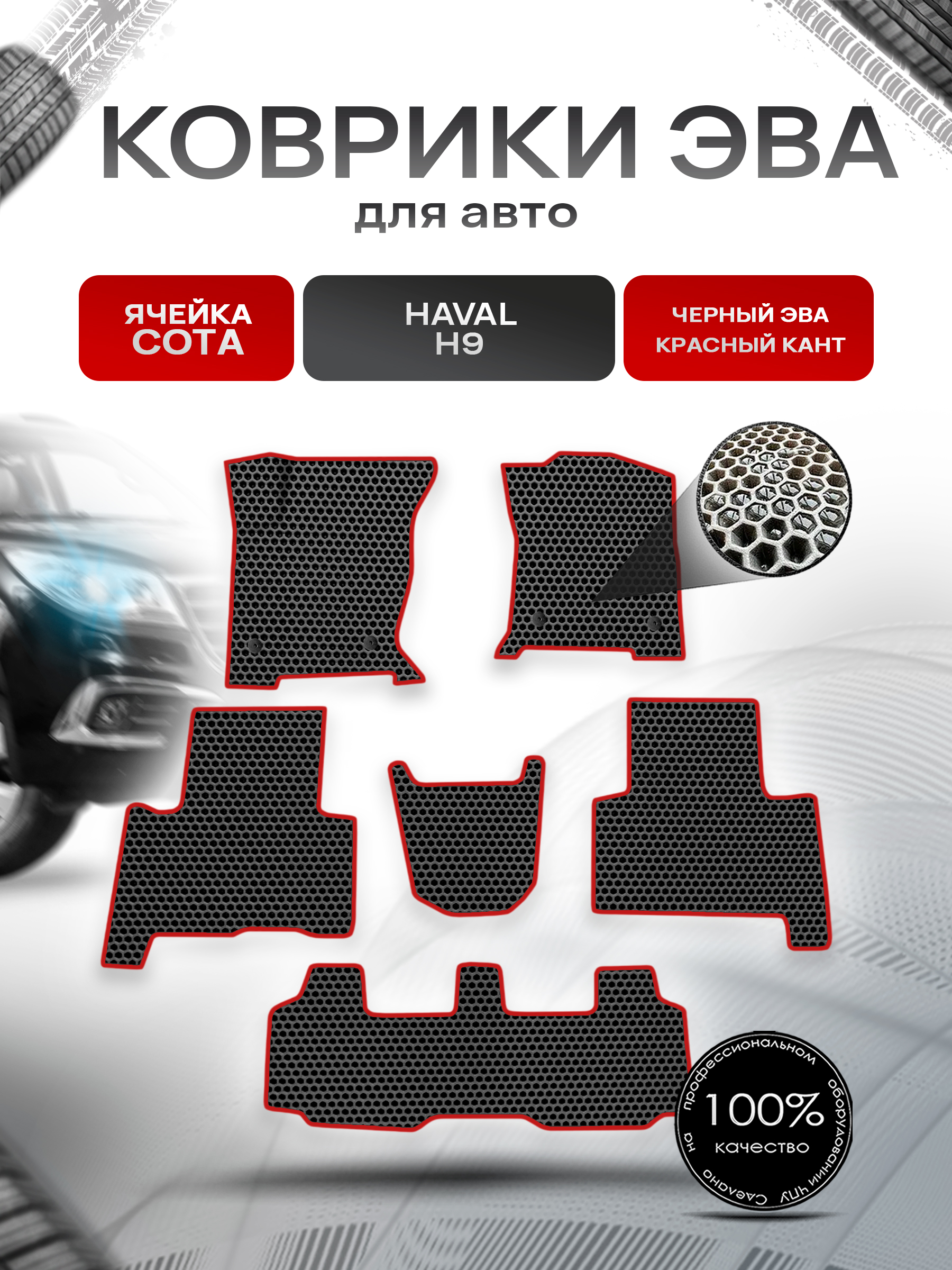 Коврики ЭВА СОТА для авто Haval H9 / Хавал Н9 2019+ Чёрный с Красным кантом. Ричмарк — фото 1