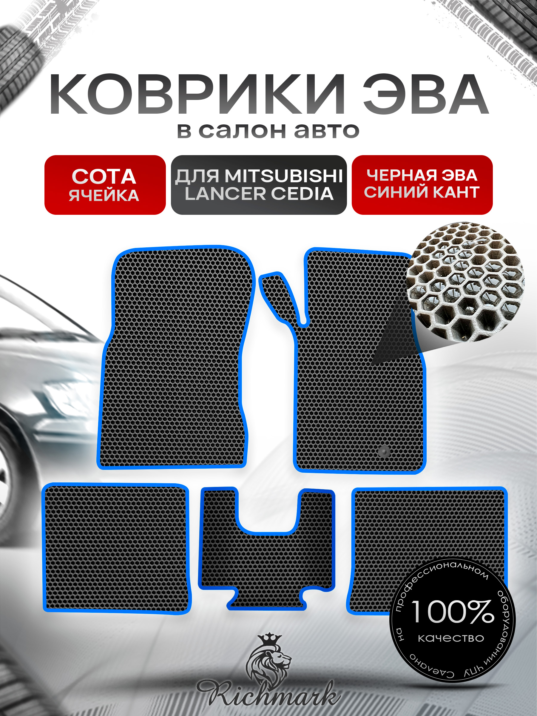 Коврики ЭВА СОТА для автомобиля Mitsubishi Lancer Cedia (правый руль) 2000-2003 / Митсубиши Лансер Седия Чёрный С Синим Кантом. Ричмарк — фото 1
