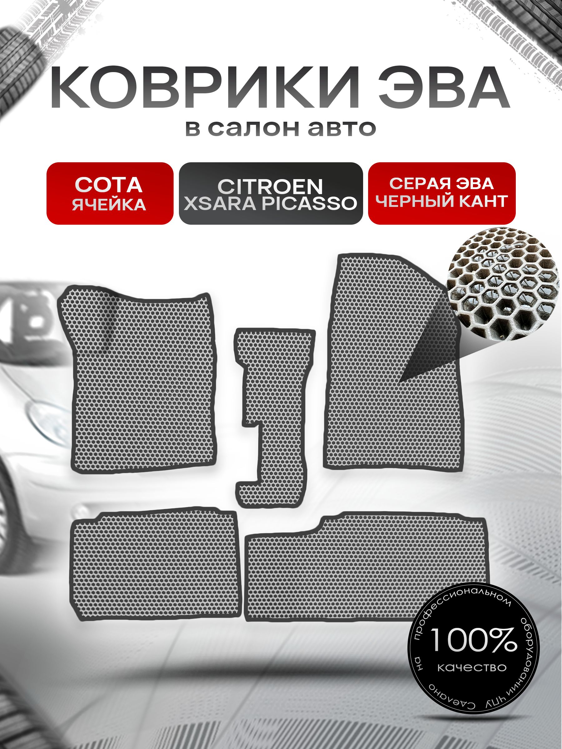 Коврики ЭВА СОТА для авто Ситроен Ксара Пикассо / Citroen Xsara Picasso 1999-2004 Серый с Чёрным кантом. Ричмарк — фото 1