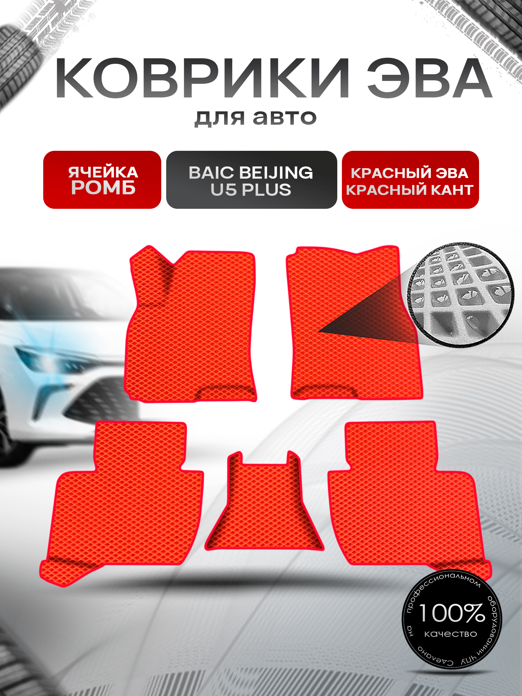 Коврики ЭВА Ромб для авто Baic Beijing U5 Plus / Бейджин У5 плюс 2020+ Красный с Красным кантом. Ричмарк — фото 1