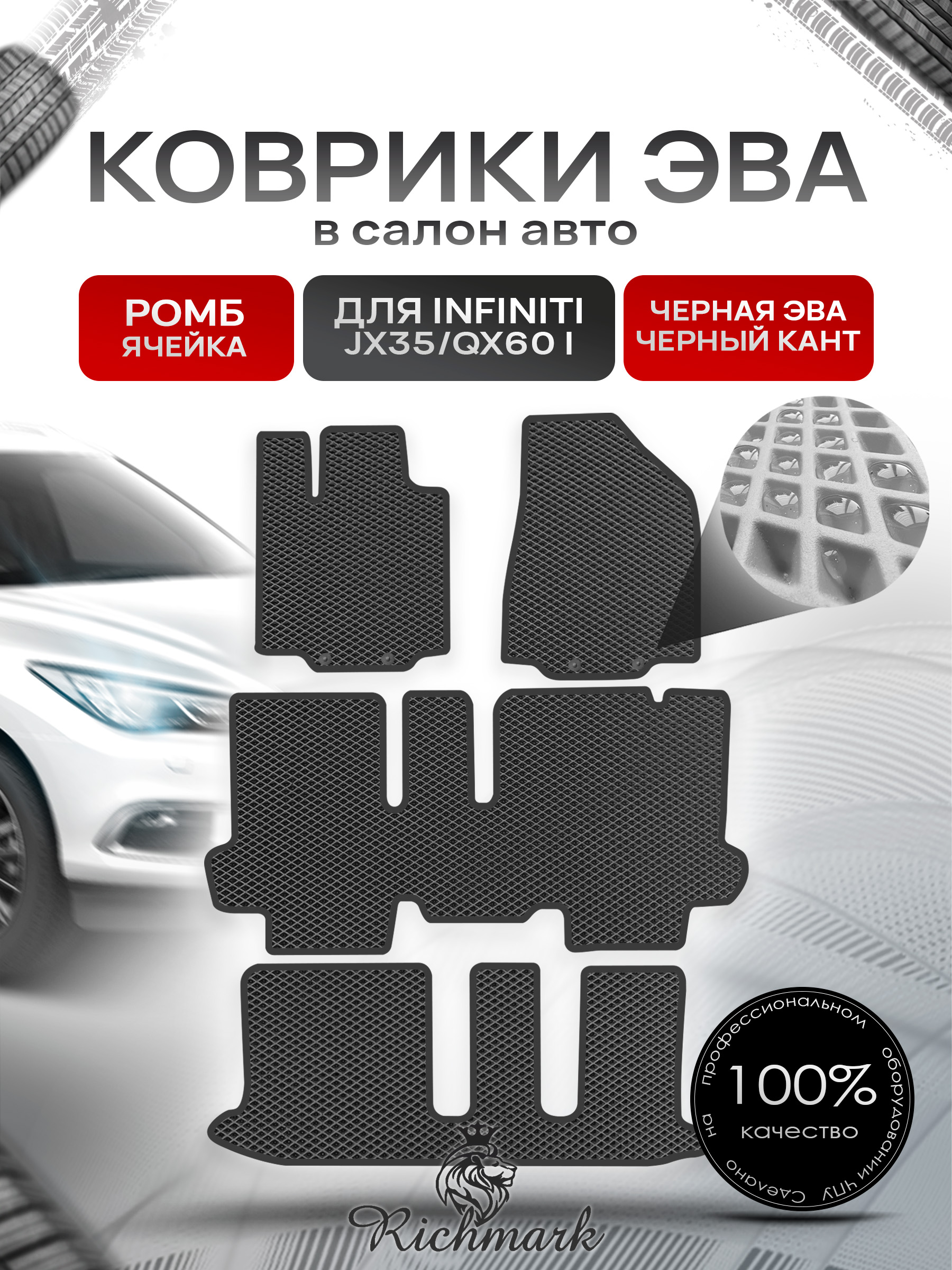 Коврики ЭВА РОМБ для автомобиля Infiniti JX35-QX60 I (7 мест) 2012-2016 / Инфинити Чёрный С Чёрным Кантом. Ричмарк — фото 1