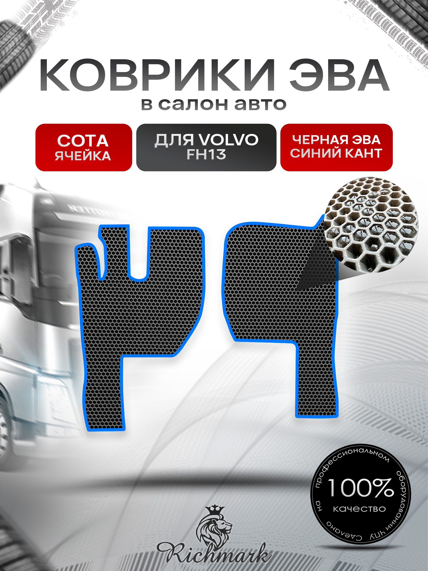 Коврики ЭВА СОТА для автомобиля Volvo FH13 2005-2012 / Вольво ФХ13 Чёрный С Синим Кантом. Ричмарк — фото 1