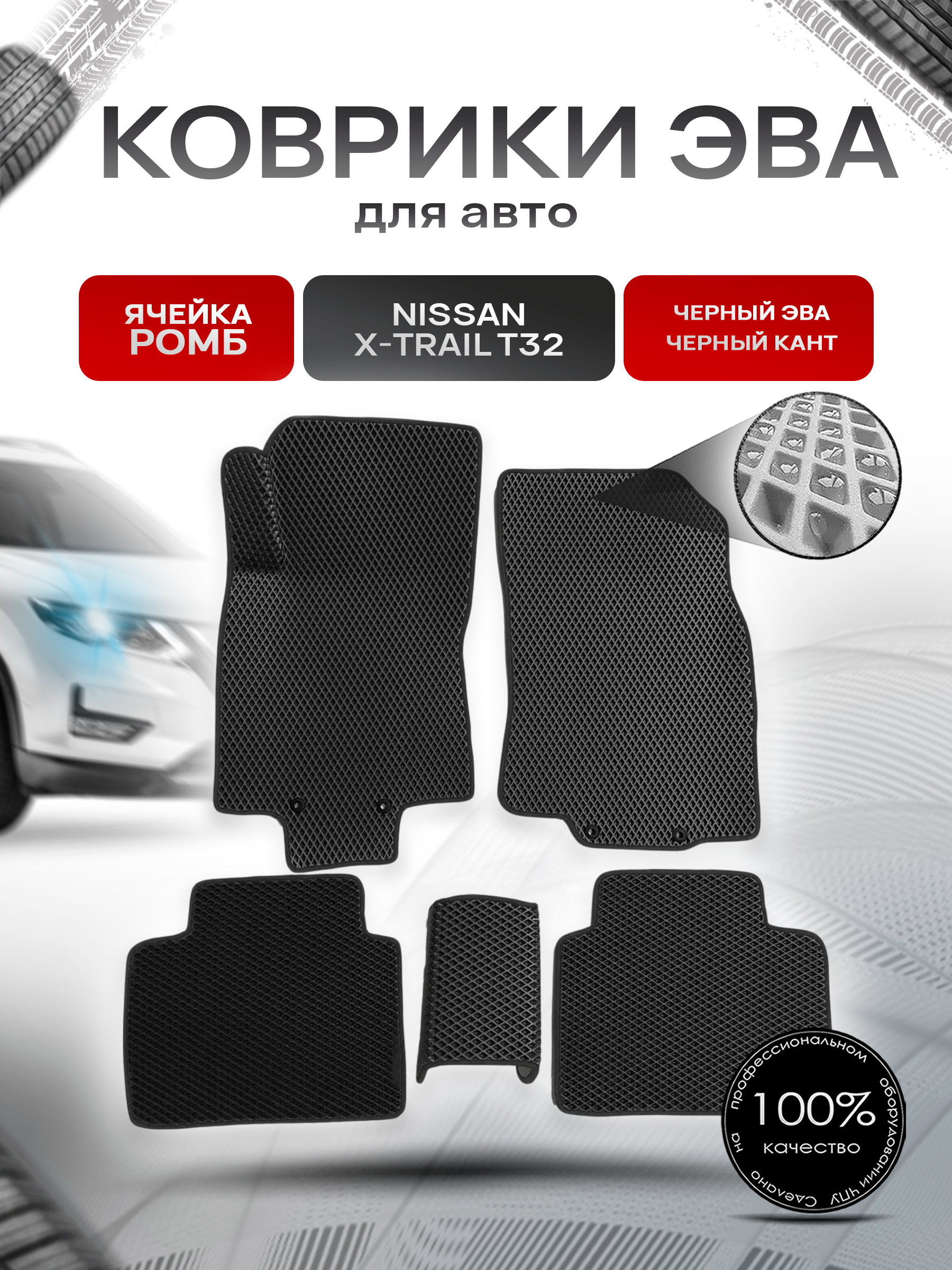 Коврики ЭВА для авто Nissan X-Trail / Ниссан Икс Трейл (T32) Левый Руль 2013-2021 Г.В. Чёрный С Чёрным Кантом. Ричмарк — фото 1