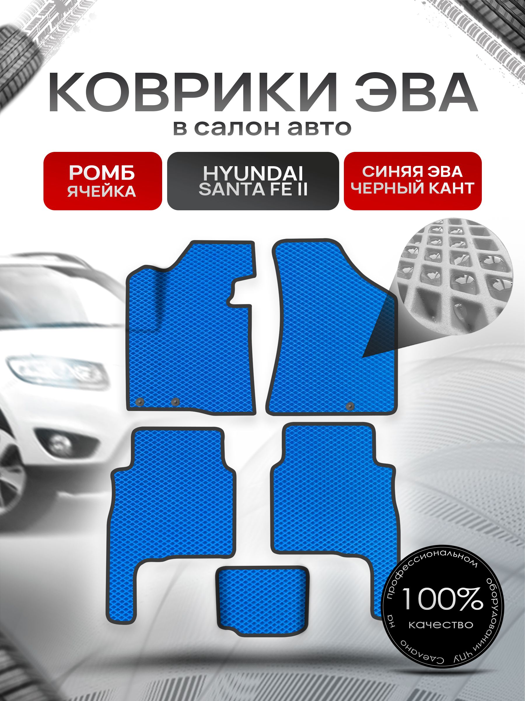 Коврики ЭВА Ромб для авто Хюндай Санта Фе / Hyundai Santa Fe 2 Рестайлинг 2010-2012 Г.В. Синий с Чёрным кантом. Ричмарк — фото 1