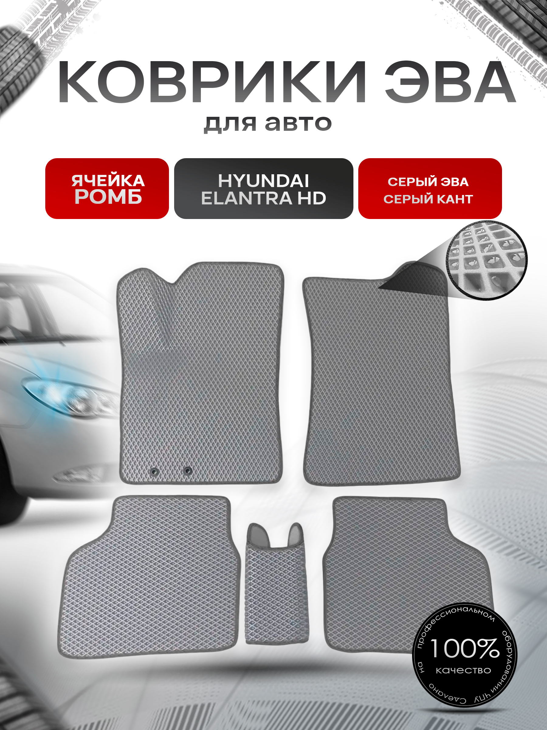 Коврики ЭВА для авто Hyundai Elantra HD / Хюндай Элантра 2006-2010 Г.В. Серый С Чёрным Кантом. Ричмарк — фото 1