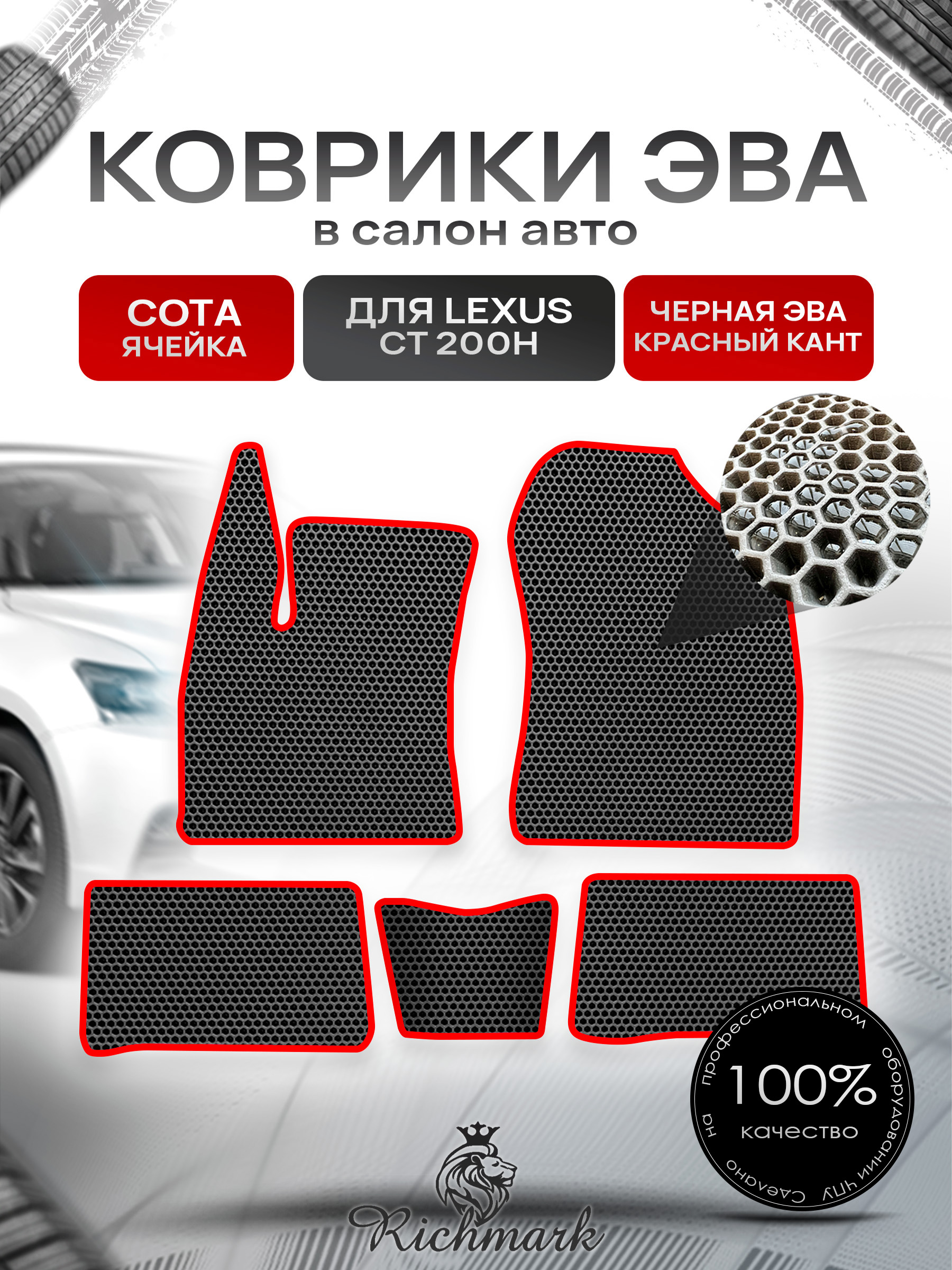 Коврики ЭВА СОТА для автомобиля Lexus CT200h 2010-2022 / Лексус СТ200 Чёрный С Красным Кантом. Ричмарк — фото 1