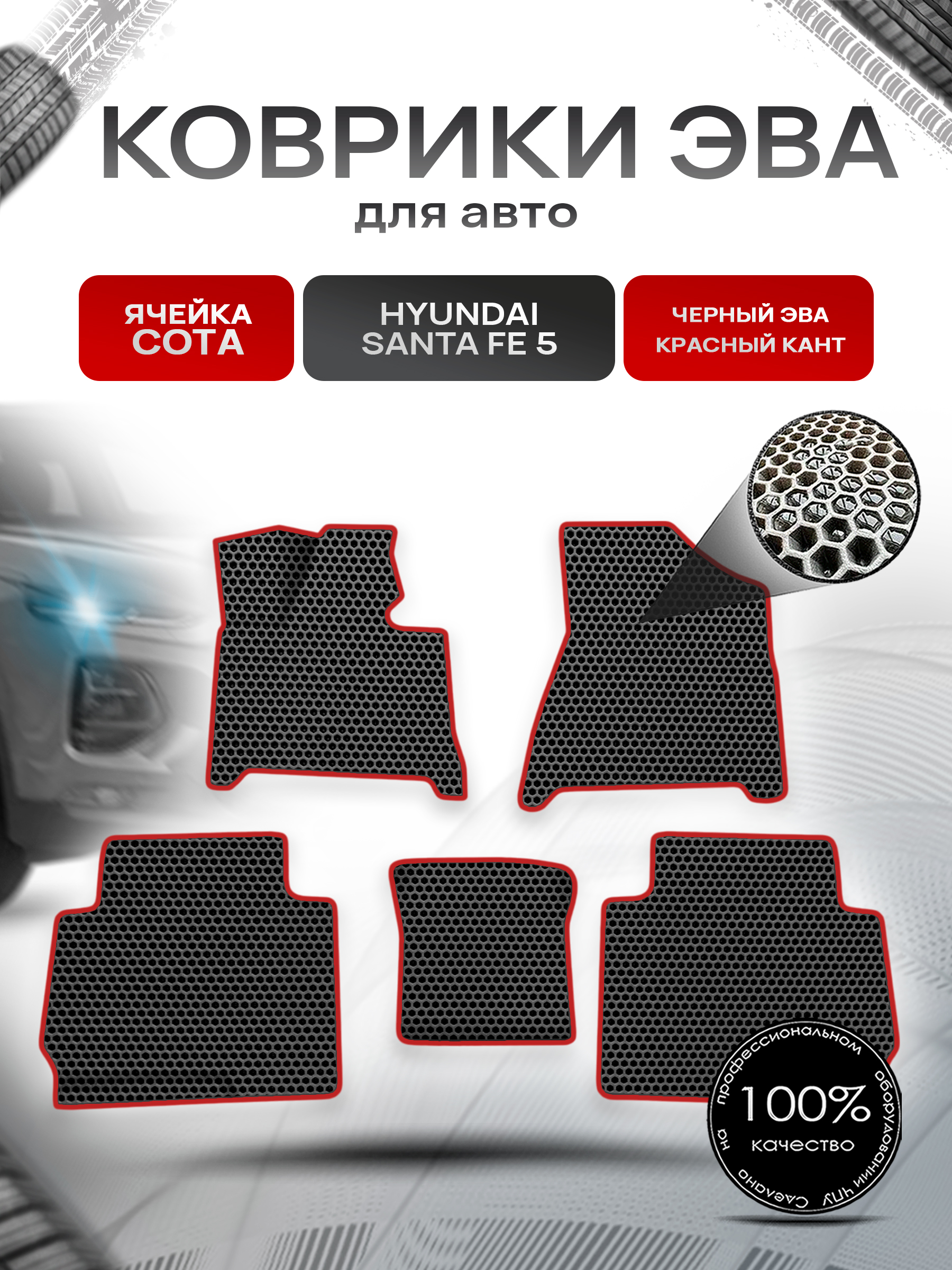 Коврики ЭВА СОТА для авто Hyundai Santa Fe 5 2024+ Чёрный с Красным кантом. Ричмарк — фото 1