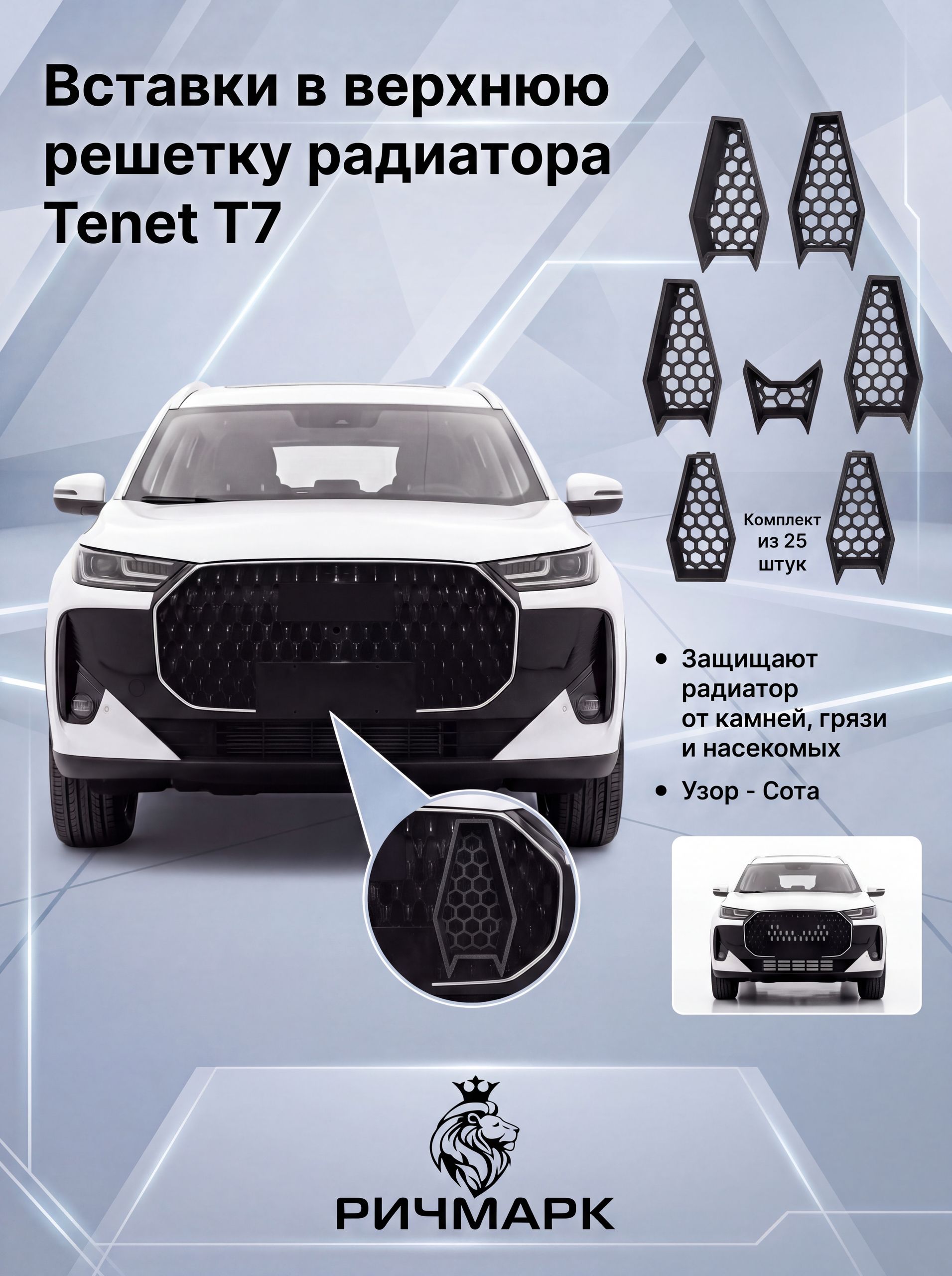 Вставки СОТА в верхнюю решетку бампера/ защита радиатора для Tenet T7 / Тенет Т7 Ричмарк — фото 3