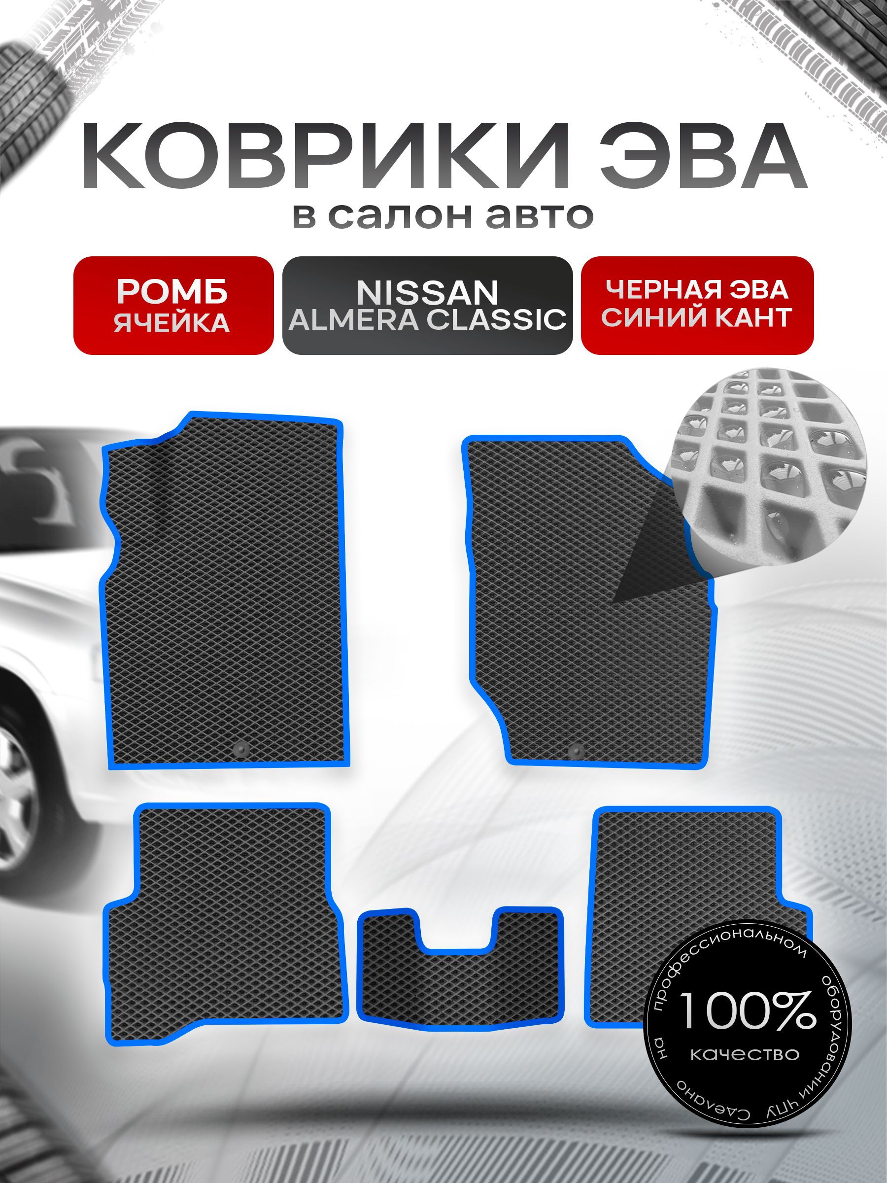 Коврики ЭВА для авто Nissan Almera / Ниссан Альмера Classic 2006-2013 Г.В. Чёрный С Синим Кантом. Ричмарк — фото 1