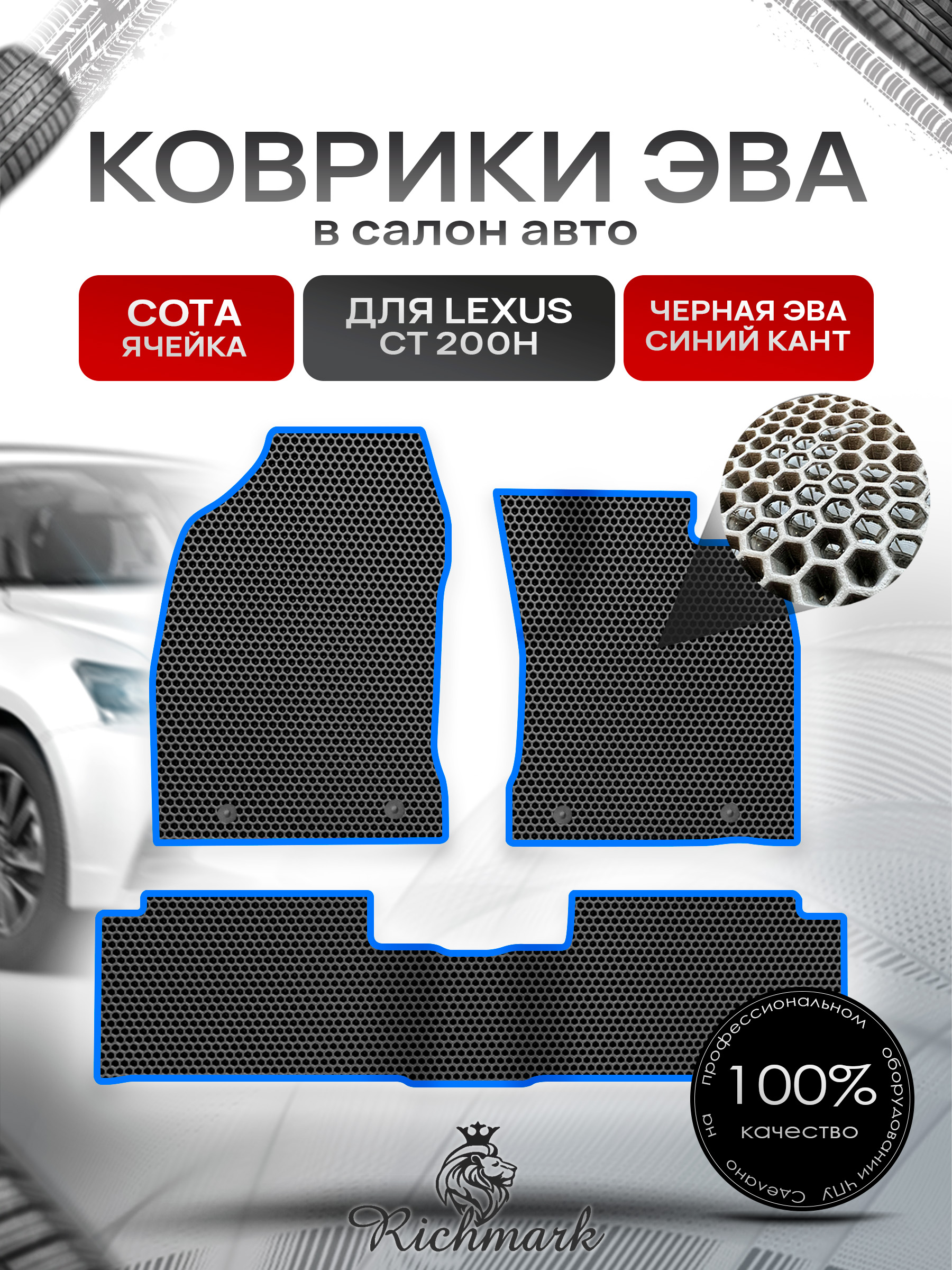 Коврики ЭВА СОТА для автомобиля Lexus CT 200H (правый руль) 2010-2017 / Лексус СТ 200 Чёрный С Синим Кантом. Ричмарк — фото 1