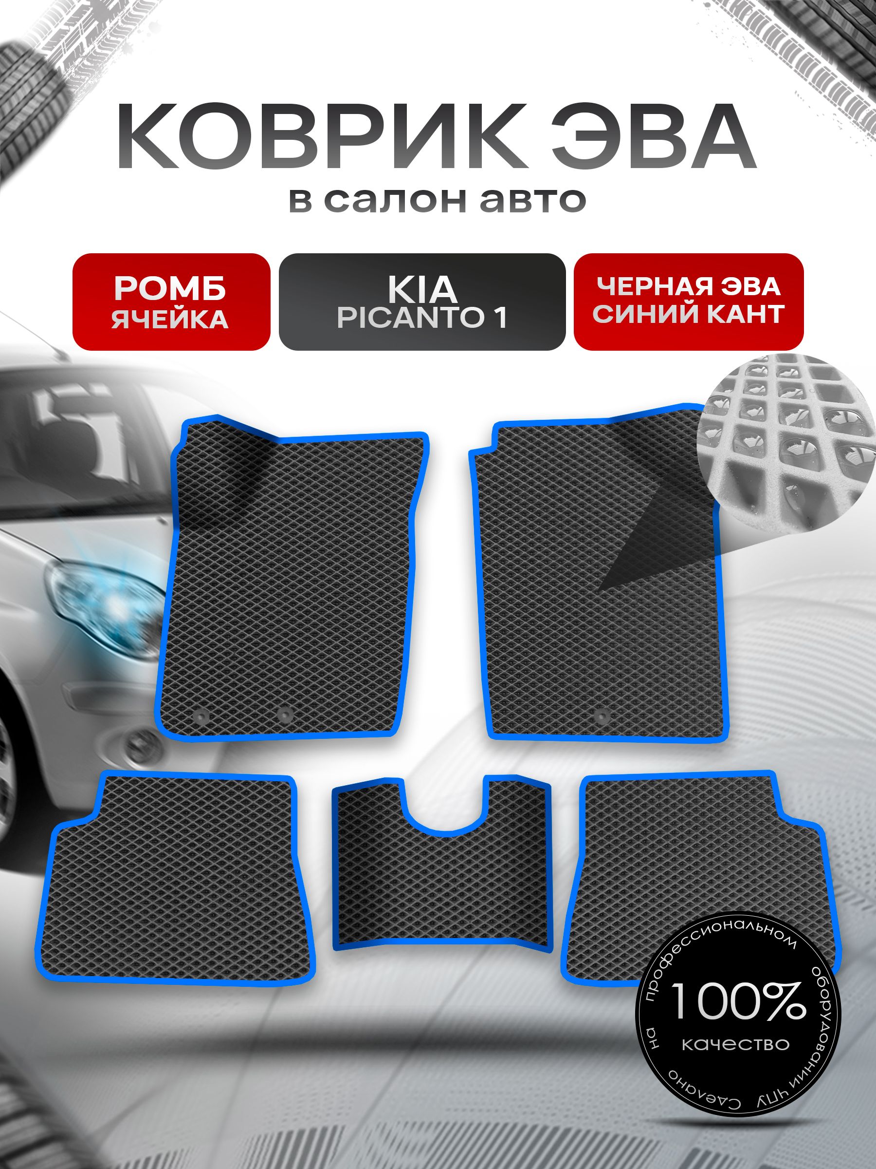 Коврики ЭВА Ромб для авто Kia Picanto 1 / Киа Пиканто 1 2004 - 2011 Чёрный с Синим кантом. Ричмарк — фото 1