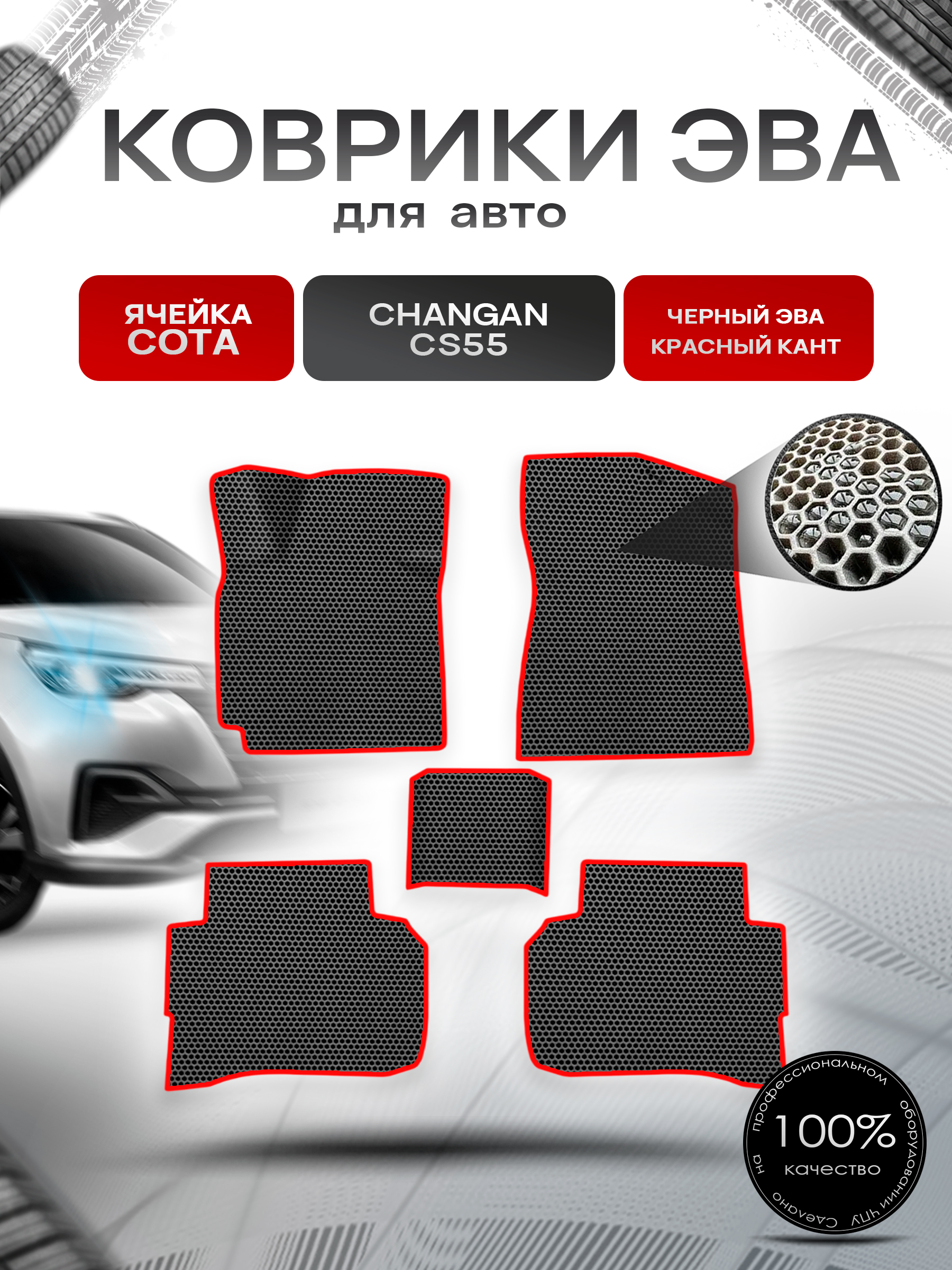 Коврики ЭВА СОТА для авто Changan CS55/ Чанган ЦС55 2019-2021 Чёрный с Красным кантом. Ричмарк — фото 1