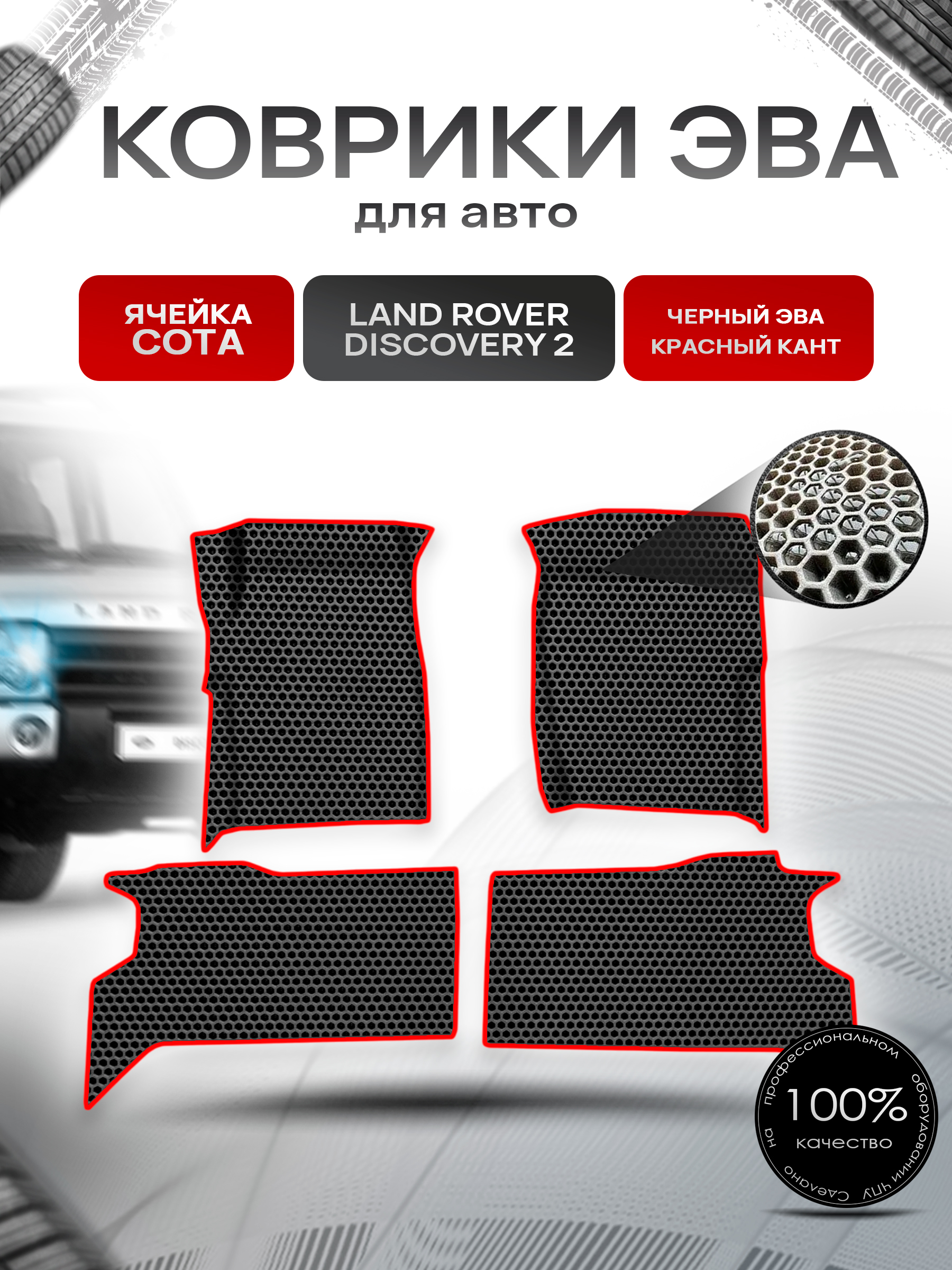 Коврики ЭВА СОТА для авто Land Rover Discovery 2 / Лэнд Ровер Дискавери 2 1998-2004 Г.В. Чёрный с Красным кантом. Ричмарк — фото 1