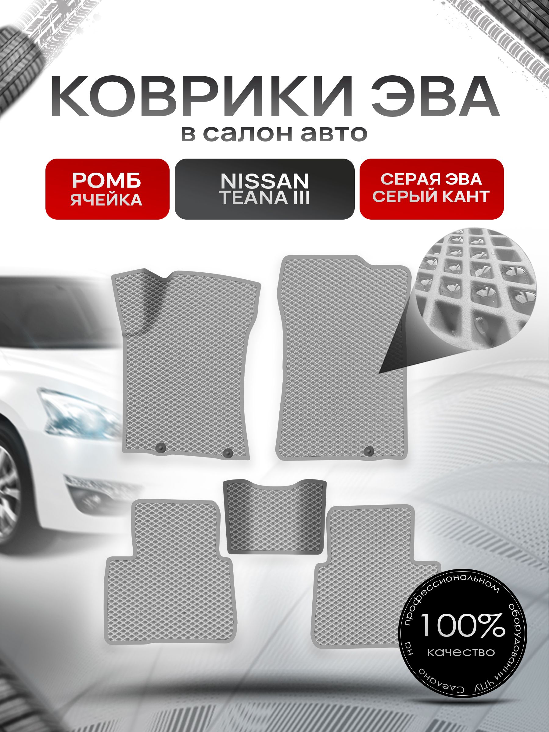 Коврики ЭВА Ромб для авто Ниссан Теана / Nissan Teana L33 Левый Руль 2014-2021 Г.В. Серый с Серым кантом. Ричмарк — фото 1