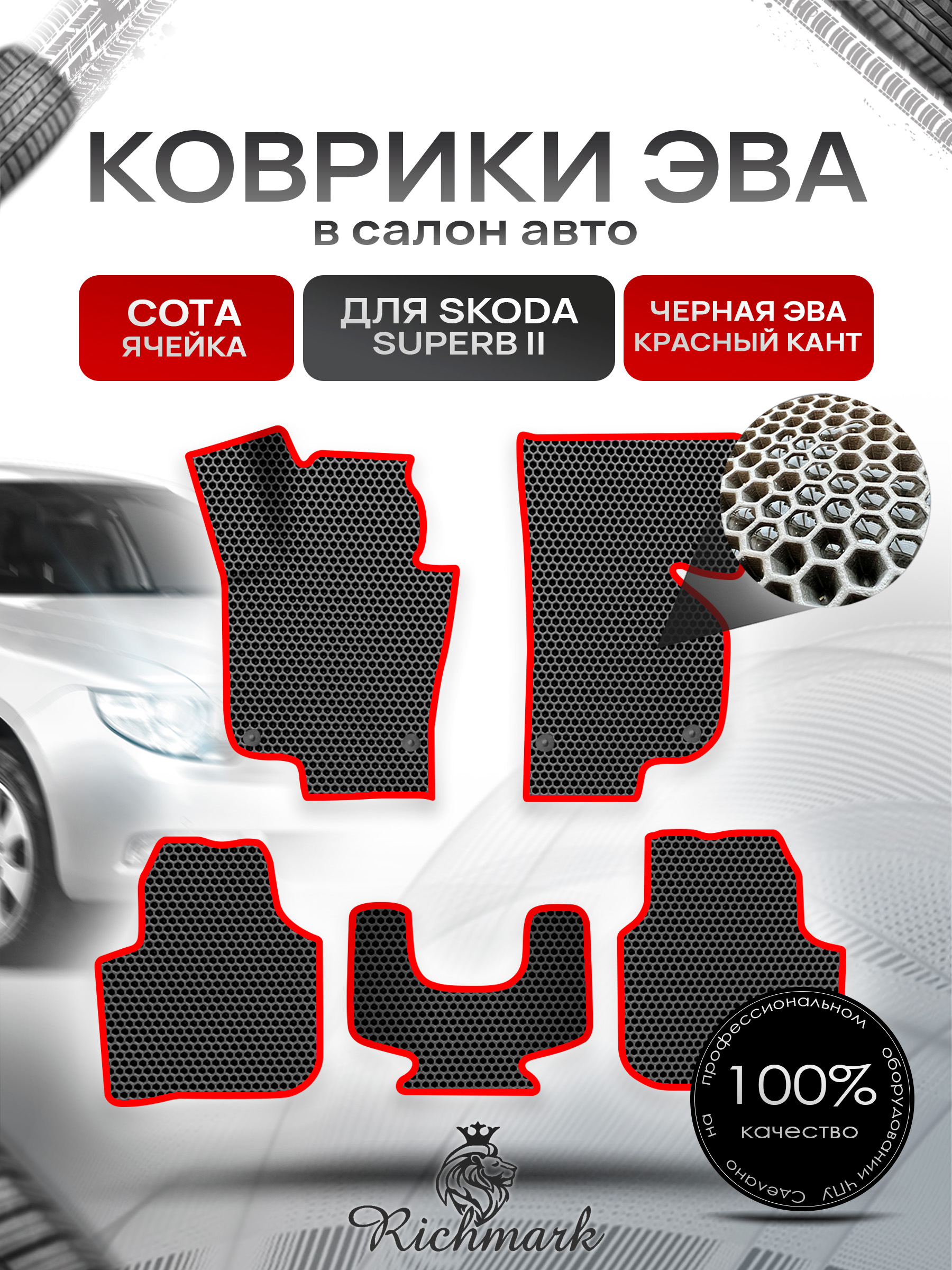 Коврики ЭВА СОТА для авто Шкода СуперБ / Skoda SuperB 2 2008-2015 Г.В. Чёрный с Красным кантом. Ричмарк — фото 1